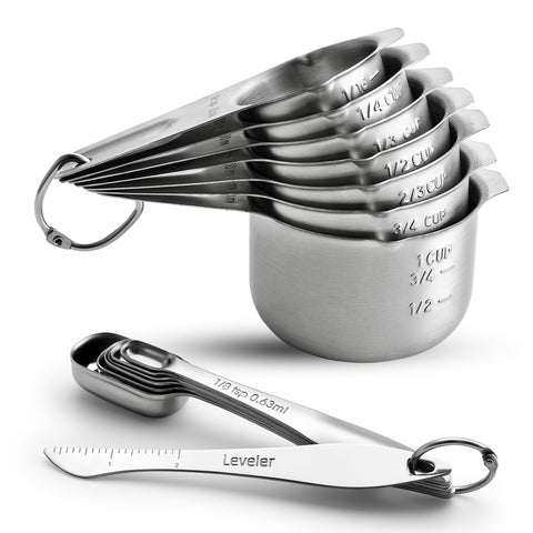 Spring Chef measuring cups and spoons with leveler and ring for precise, tidy measuring.