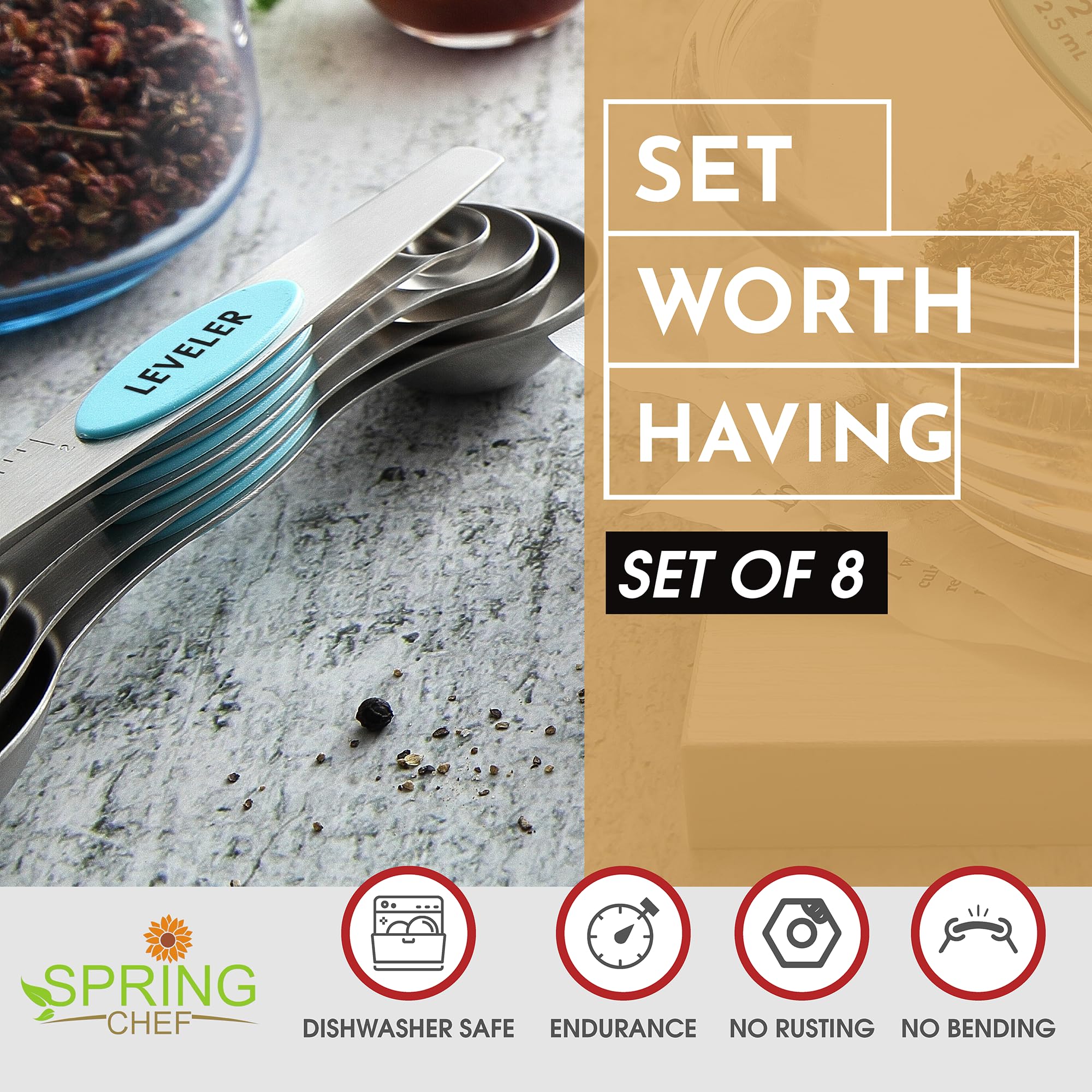 Spring Chef leveler included for precise measurements in every recipe.