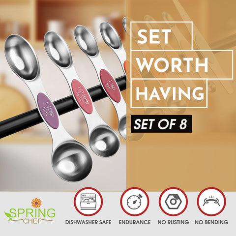 Spring Chef measuring spoons with leveler ensure precise first-time measurements.