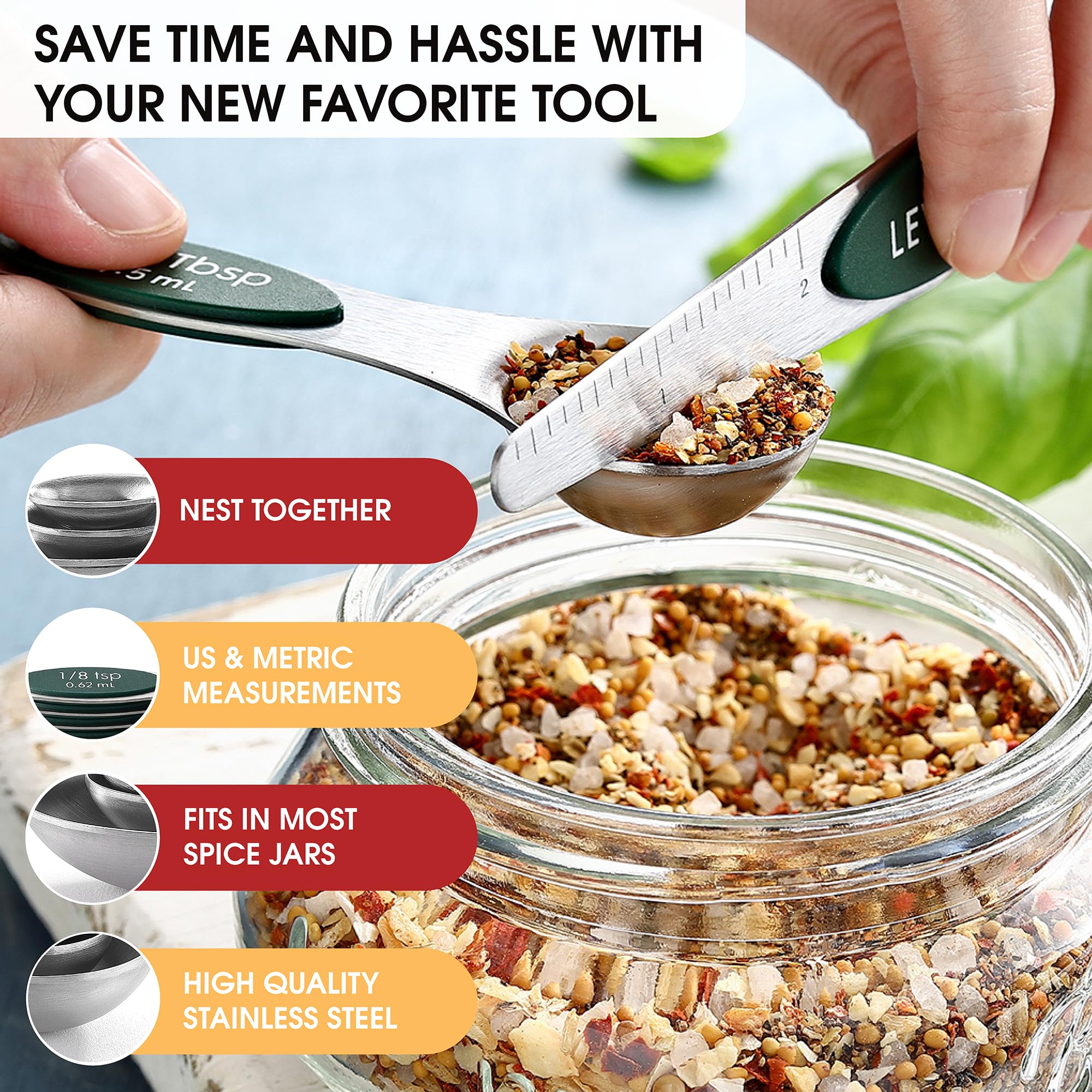 Spring Chef oval-end spice jar access spoon in pine green