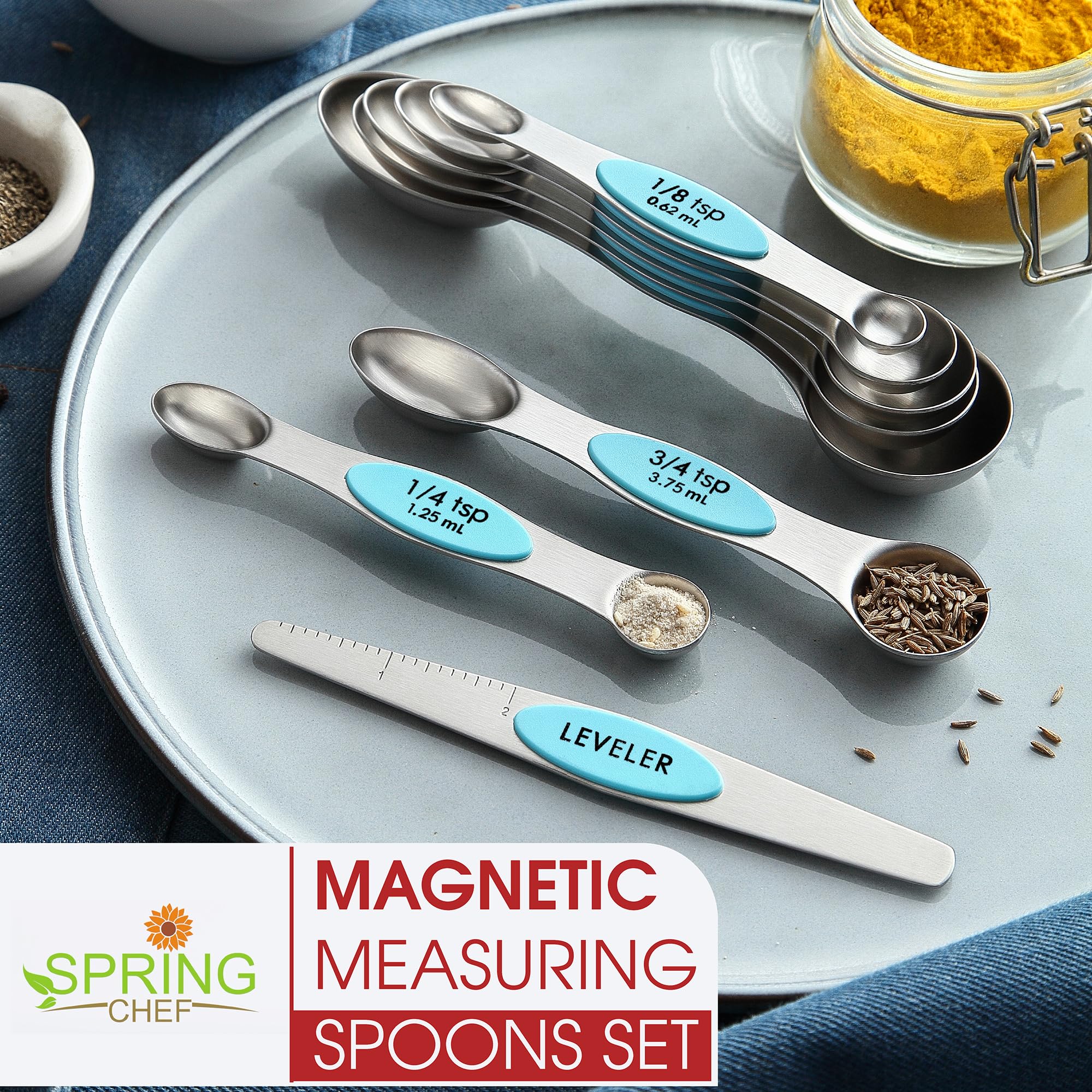 Spring Chef oval-end spoon fits into spice jars without mess.