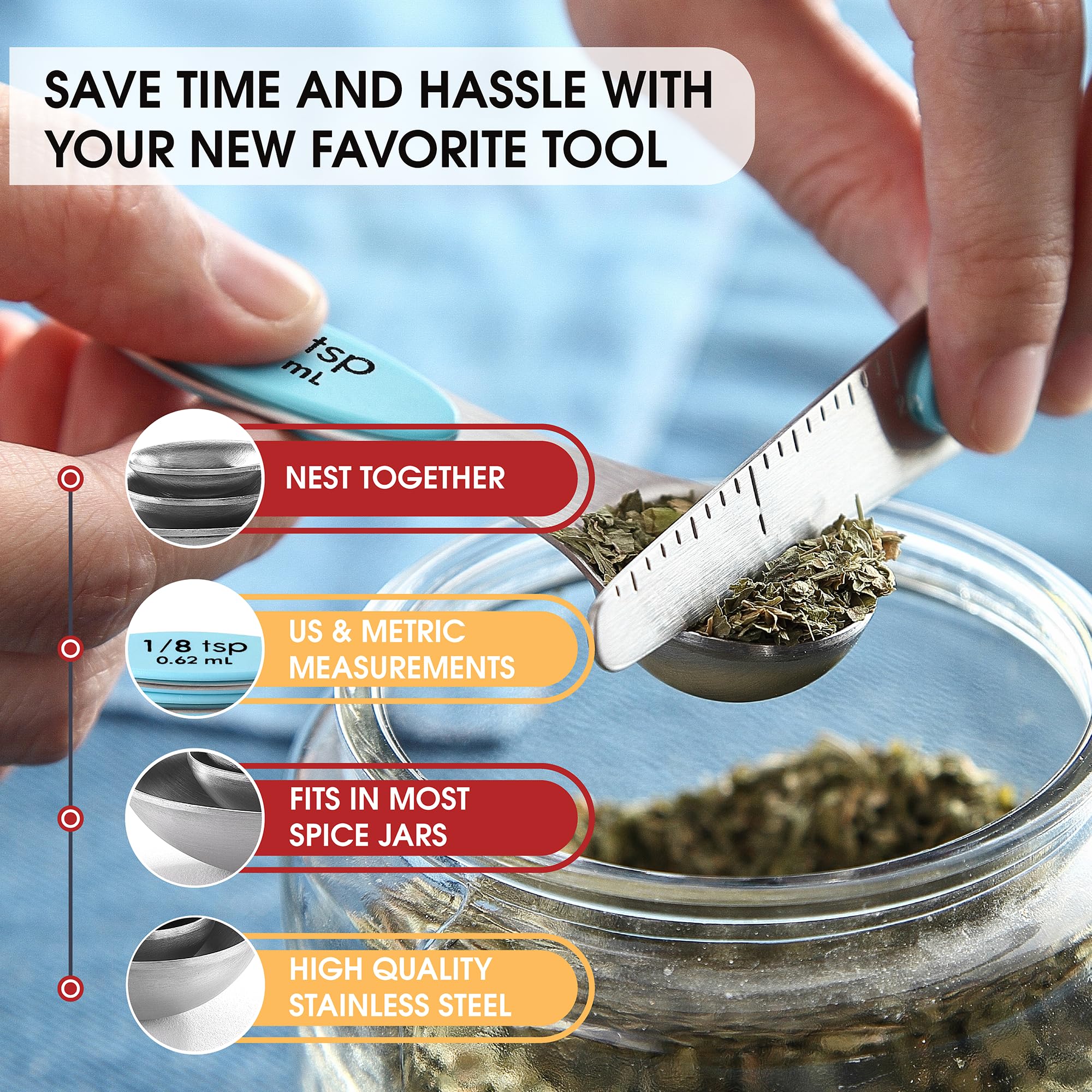 Spring Chef spoons feature US and metric markings for accuracy.