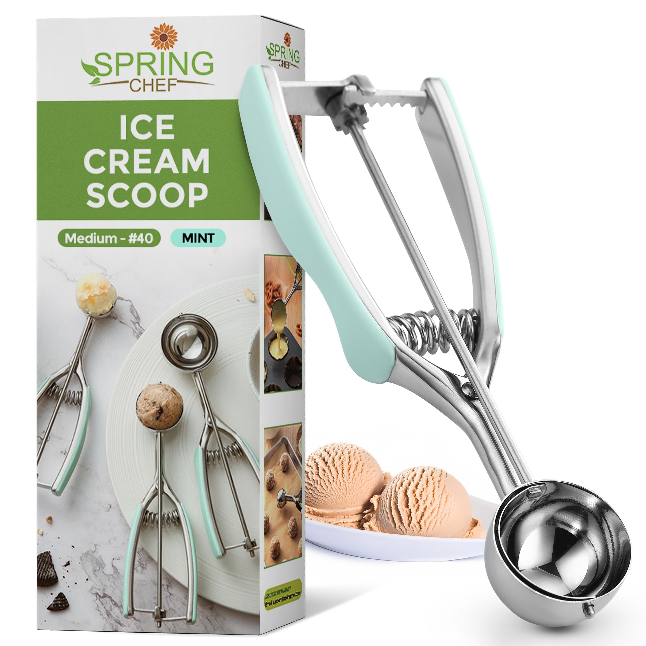 Spring Chef Medium 40 stainless cookie scoop with dough for uniform cookies.