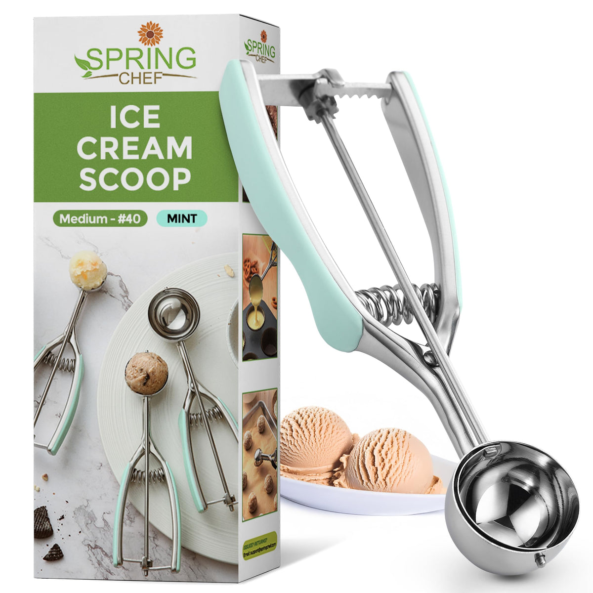Spring Chef Medium 40 stainless cookie scoop with dough for uniform cookies.