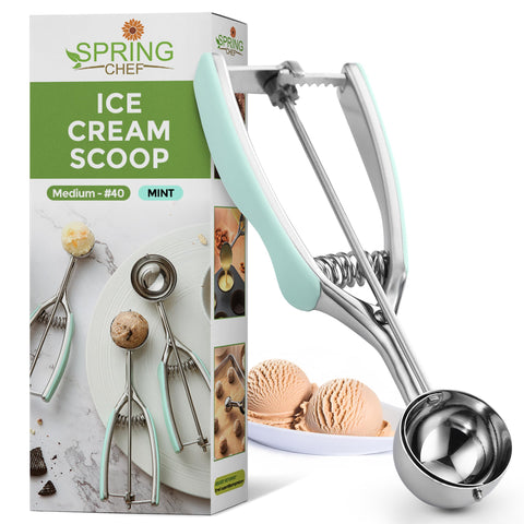 Spring Chef Medium 40 stainless cookie scoop with dough for uniform cookies.