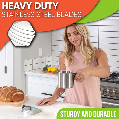 Close-up of burr-free stainless blades for precise dough and butter work.