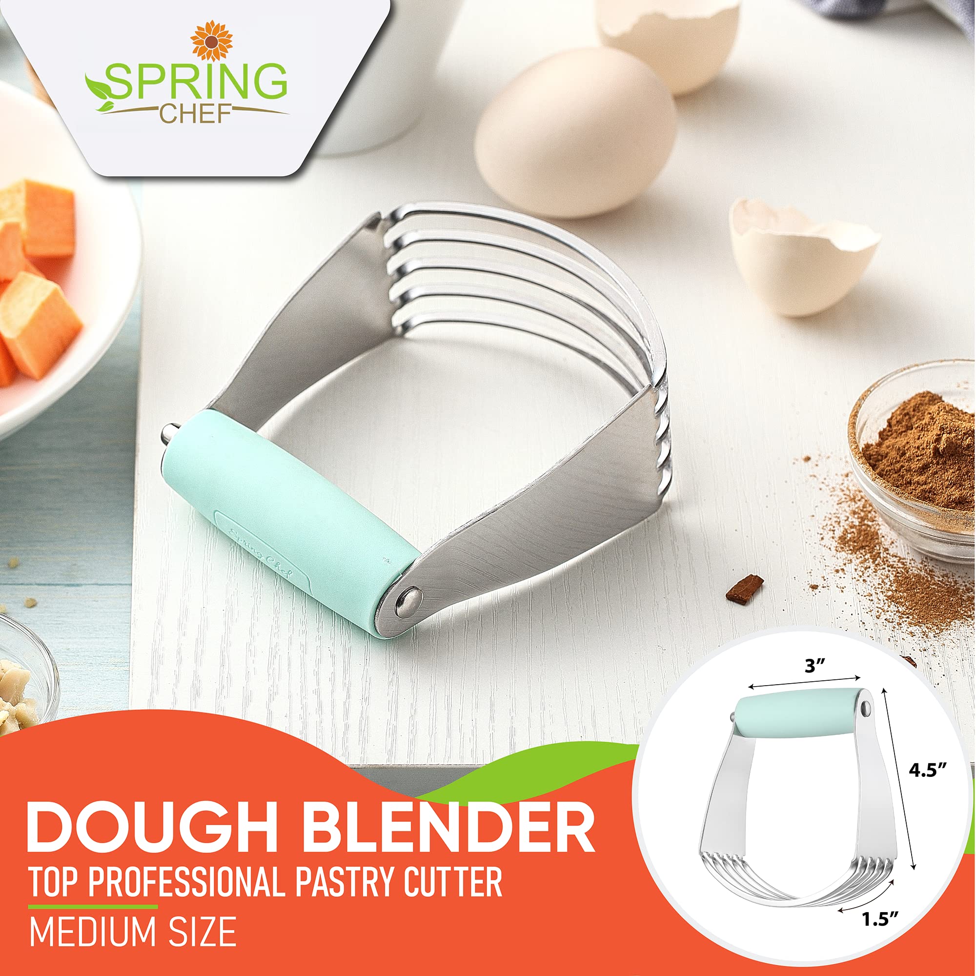Spring Chef dough blender with mint handle; comfortable grip for long kneading sessions.