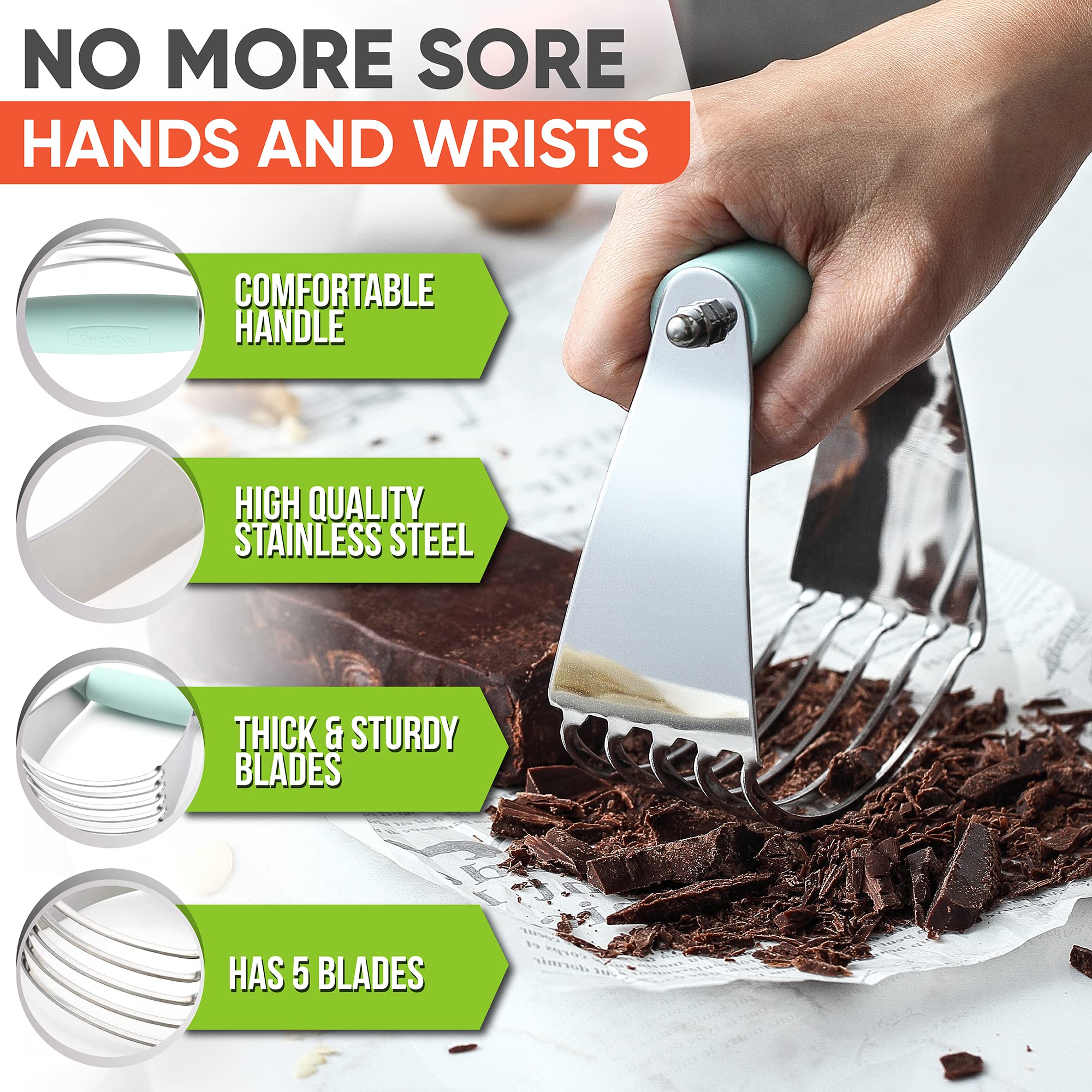Soft-grip handle of Spring Chef dough blender reduces hand fatigue during mixing.