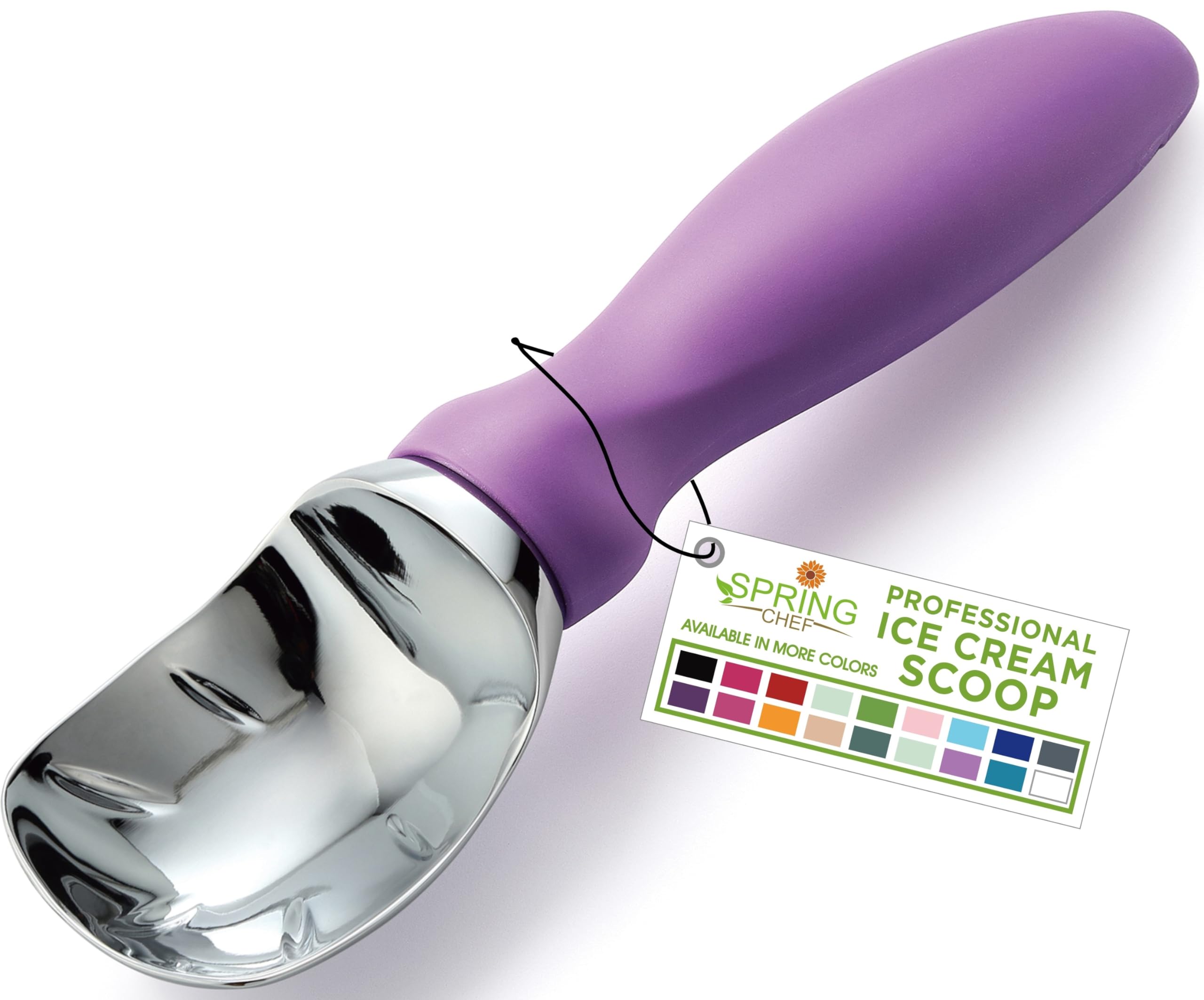 Spring Chef metal ice cream scoop with comfortable handle for easy scooping.