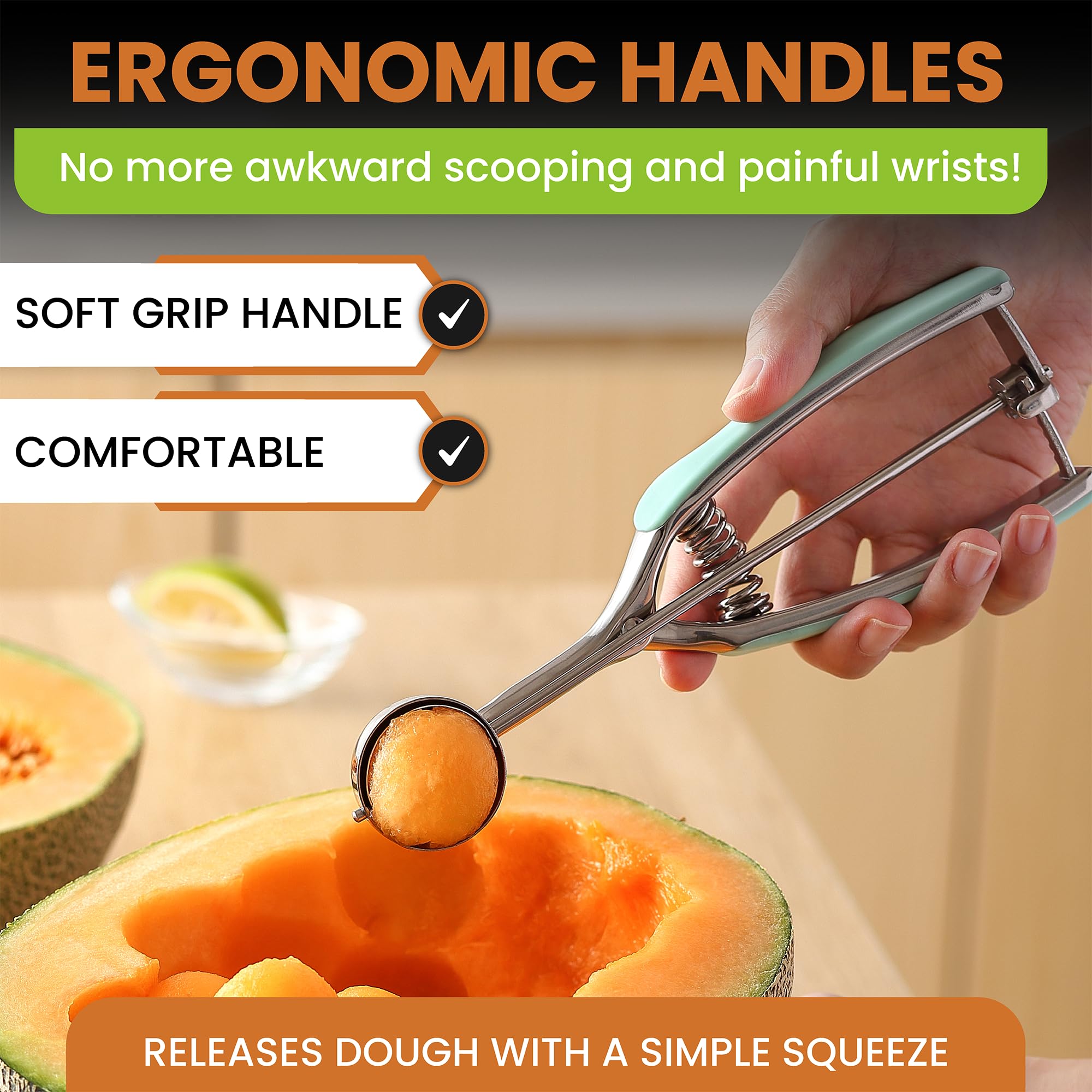 Spring Chef mint-single-piece-scoop-head reduces dough snag