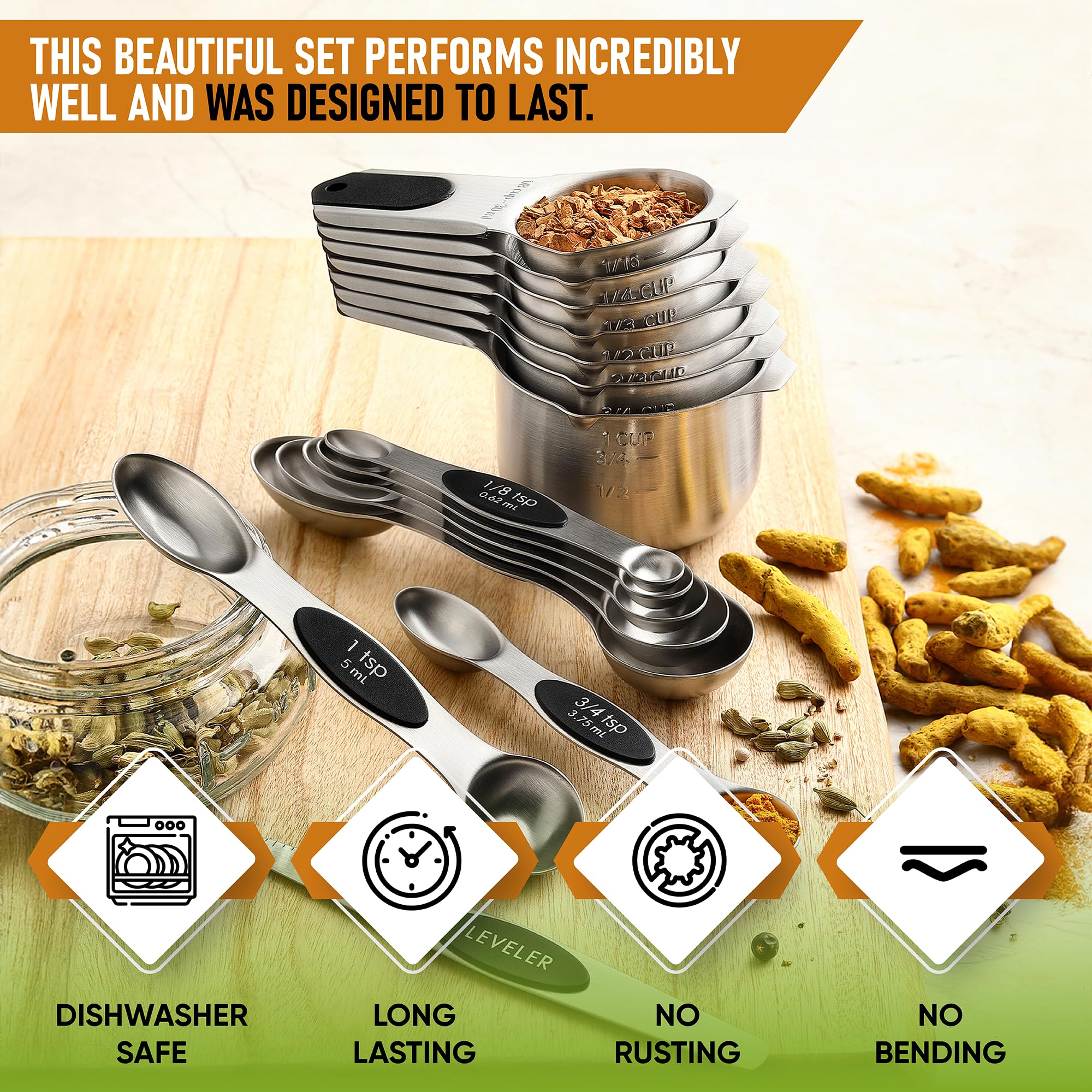 Spring Chef measuring set demonstrates nesting design for space-saving storage.