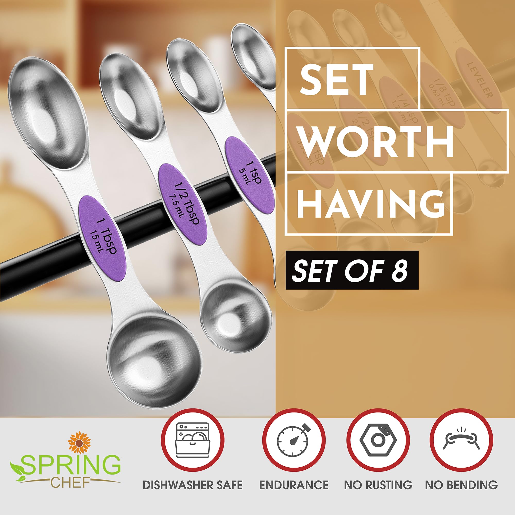 Spring Chef nesting spoons save space near spice jars.