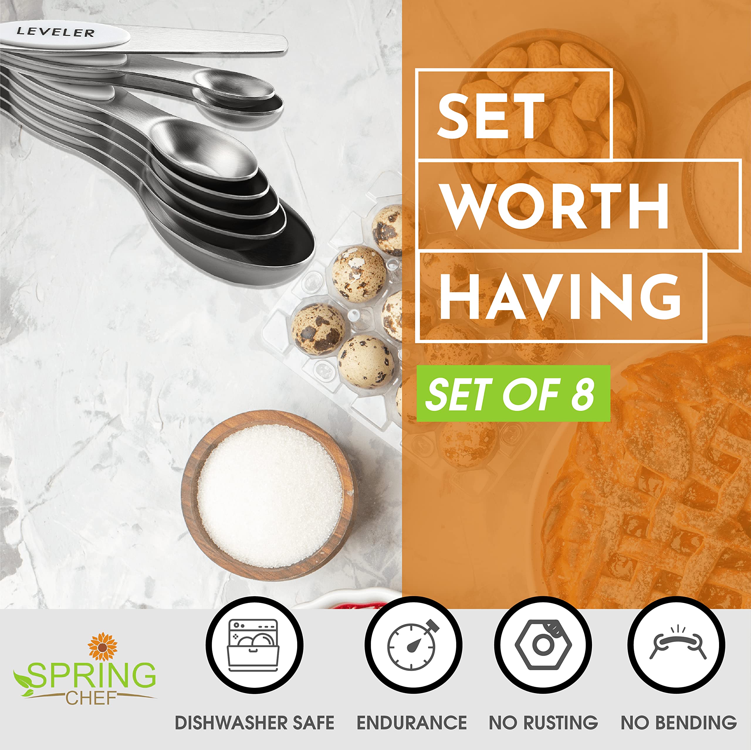 Spring Chef oval narrow spoon fits spice jars for clean scoops.