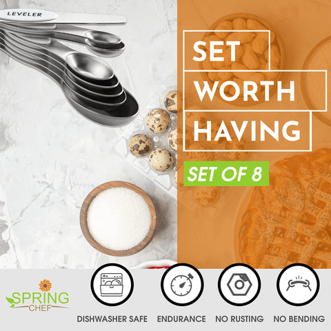 Spring Chef oval narrow spoon fits spice jars for clean scoops.