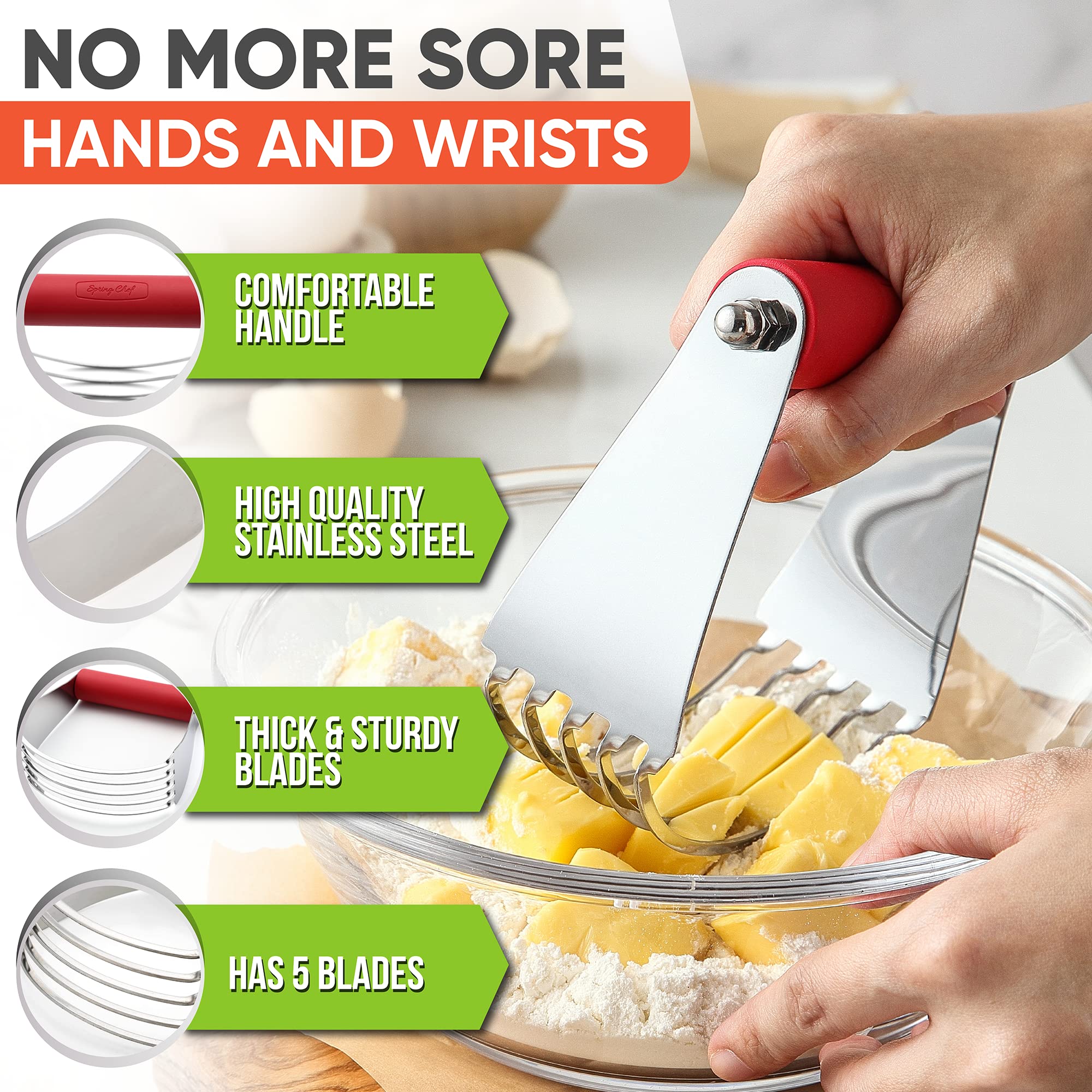 Spring Chef Pastry Cutter stainless steel blades deliver precise cuts for pie crusts and biscuits.