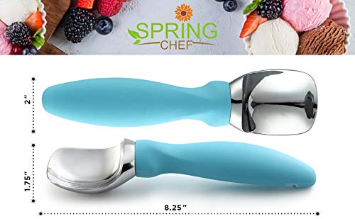 Spring Chef scoop with lid-notch helps lift containers without spills.