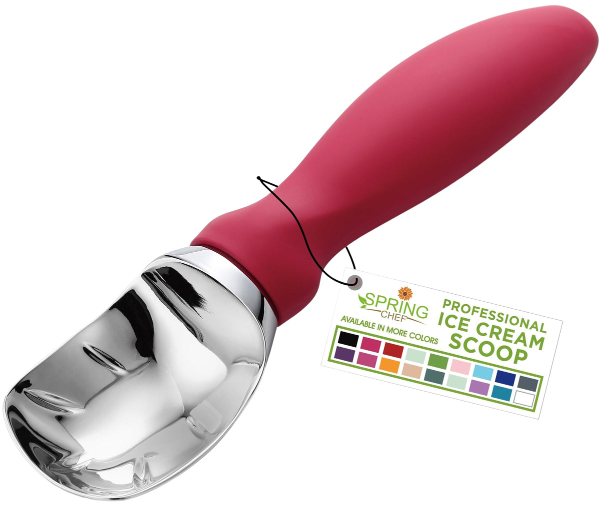 Spring Chef pink heavy-duty ice cream scoop glides through frozen treats for smooth scooping.