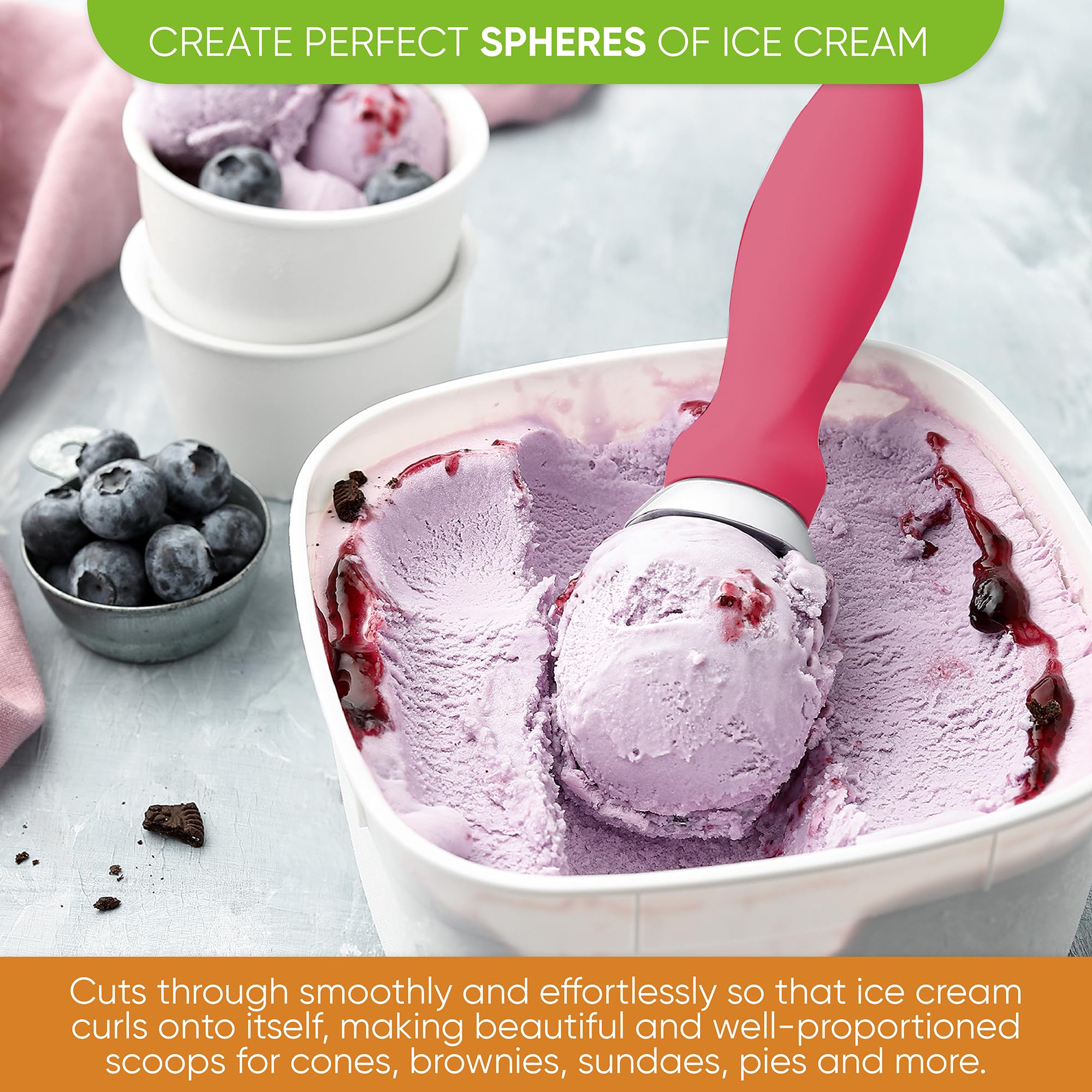 Spring Chef pink notch lifts container lids for quick, mess-free scooping.
