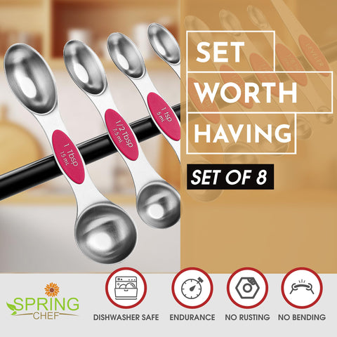 Spring Chef pink stainless steel magnetic spoons with leveler for accurate dry and liquid measures.