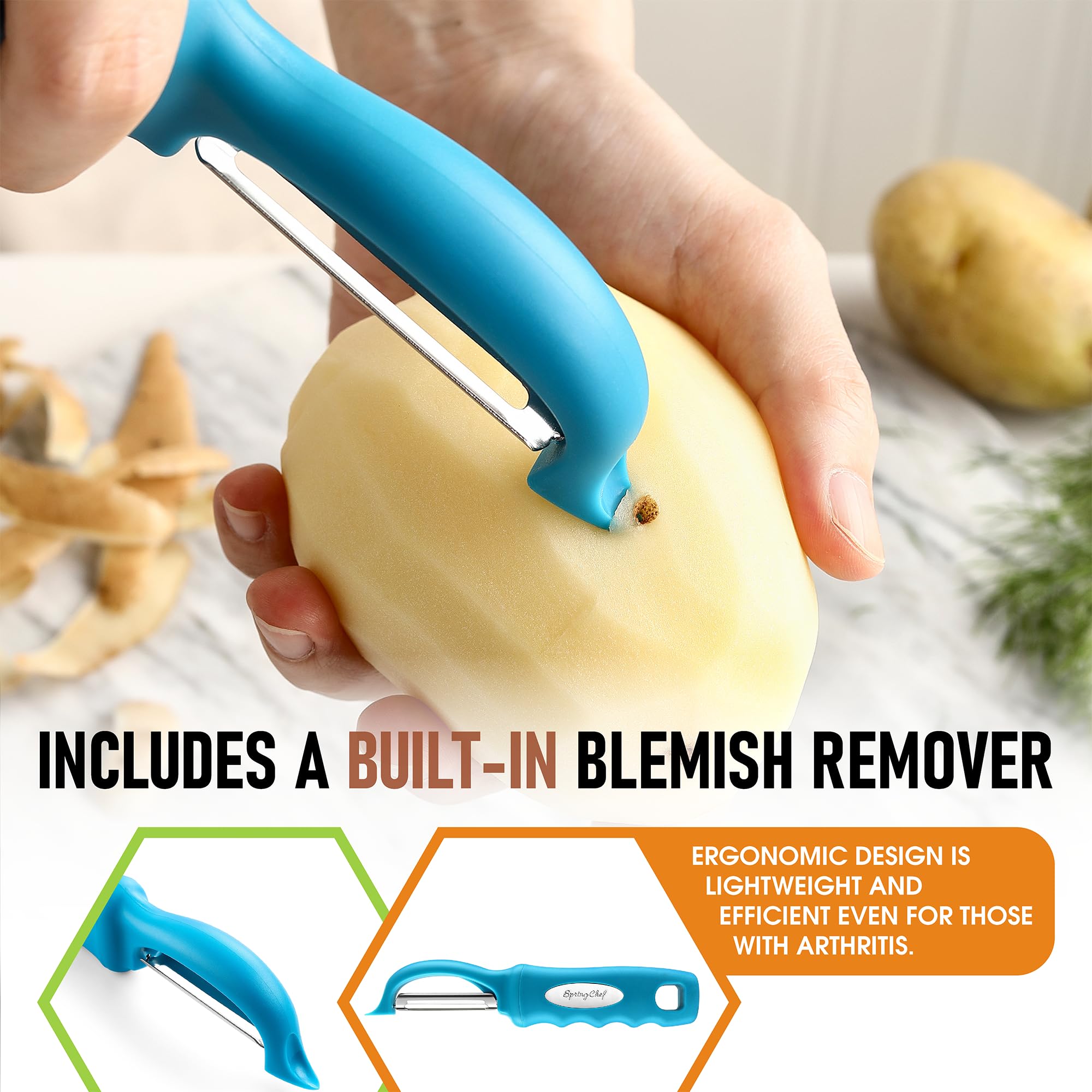 Spring Chef dishwasher-safe teal peeler ready for easy cleanup.