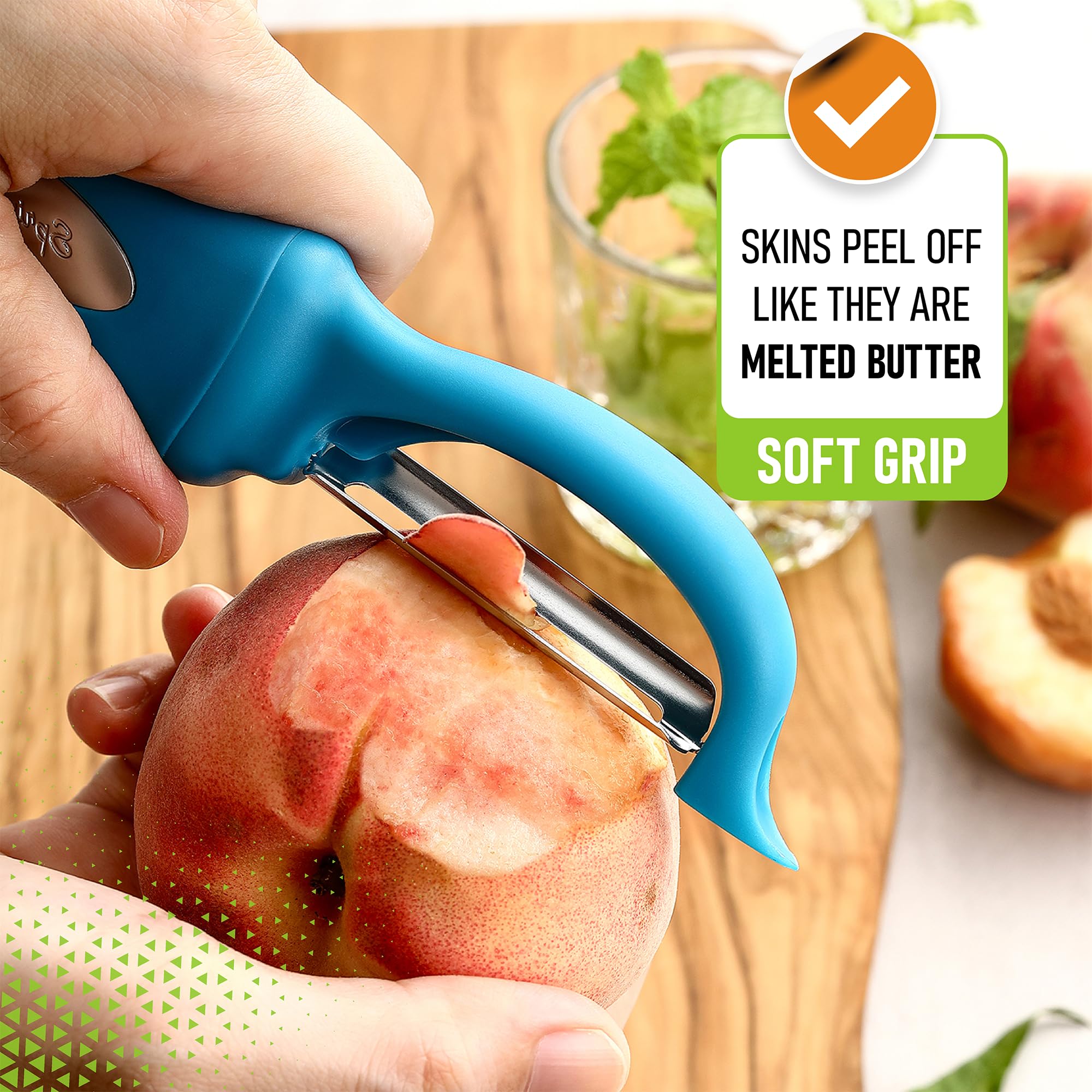 Spring Chef teal soft-grip handle peeler for comfortable large-batch peeling.