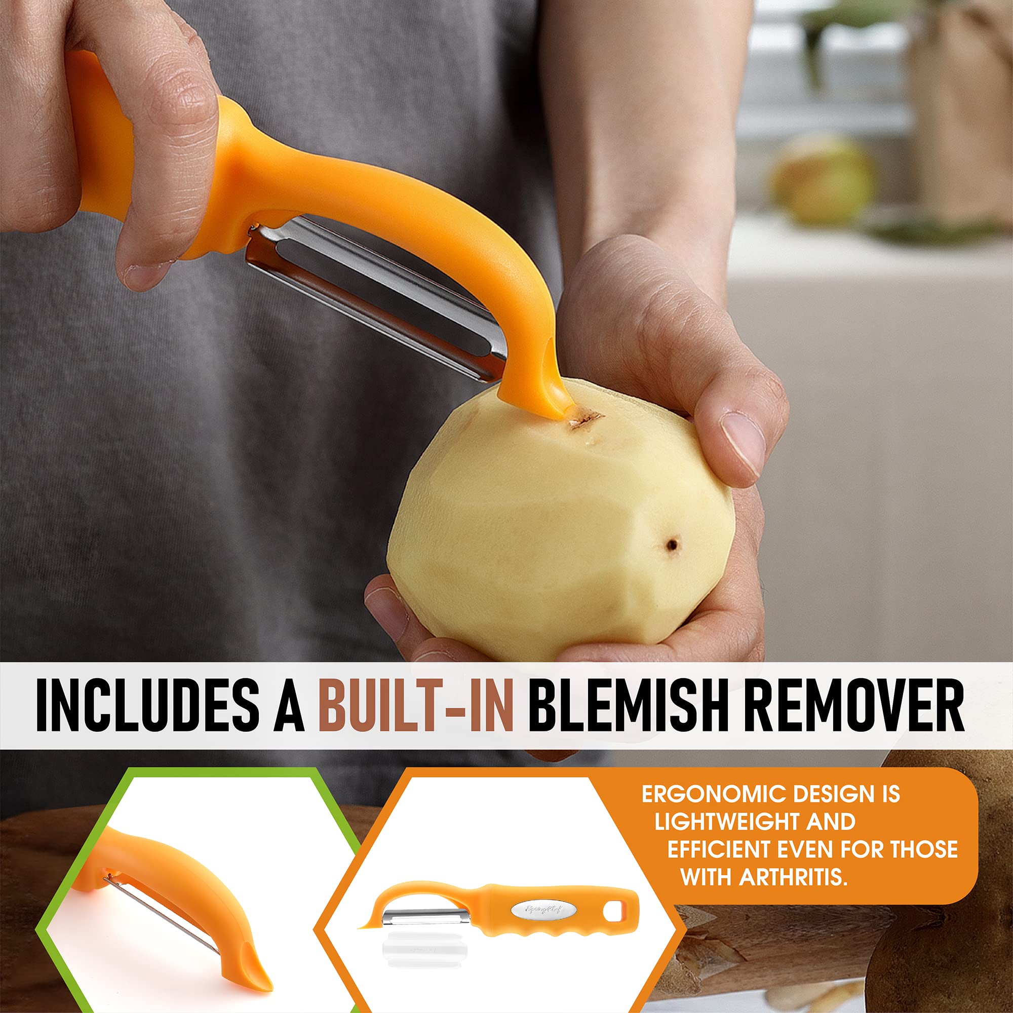 Spring Chef ergonomic stainless steel blades deliver smooth peeling performance.