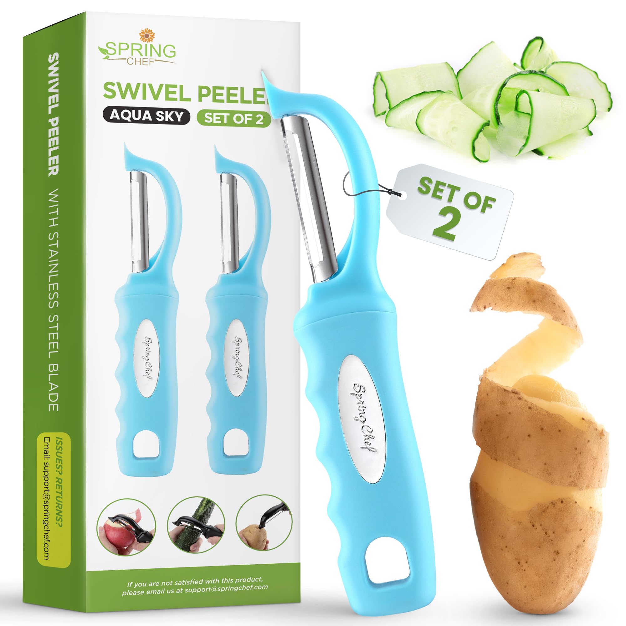 Spring Chef premium vegetable peeler with Aqua Sky grip for effortless prep.