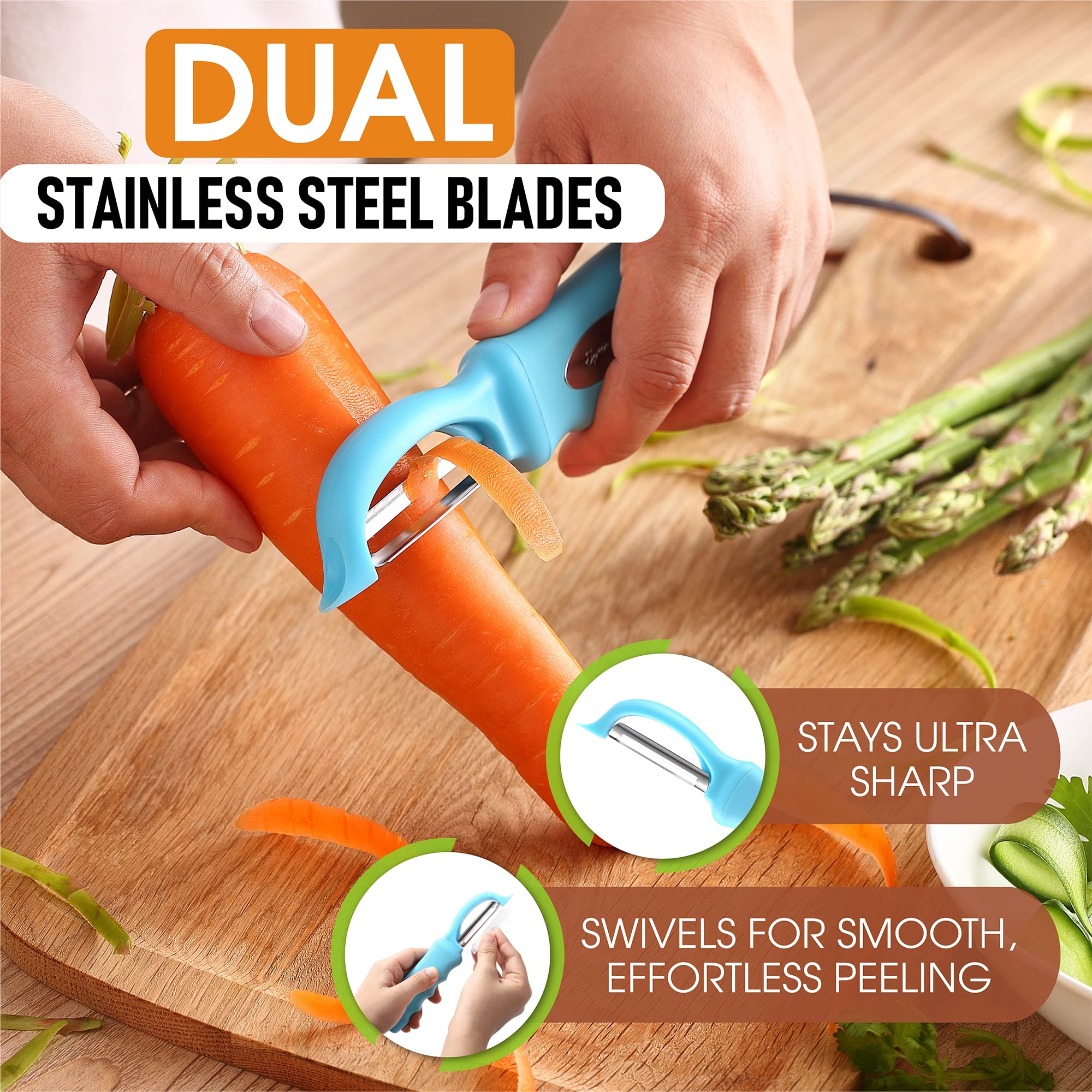 Stainless steel blades glide through apples and potatoes with minimal waste.