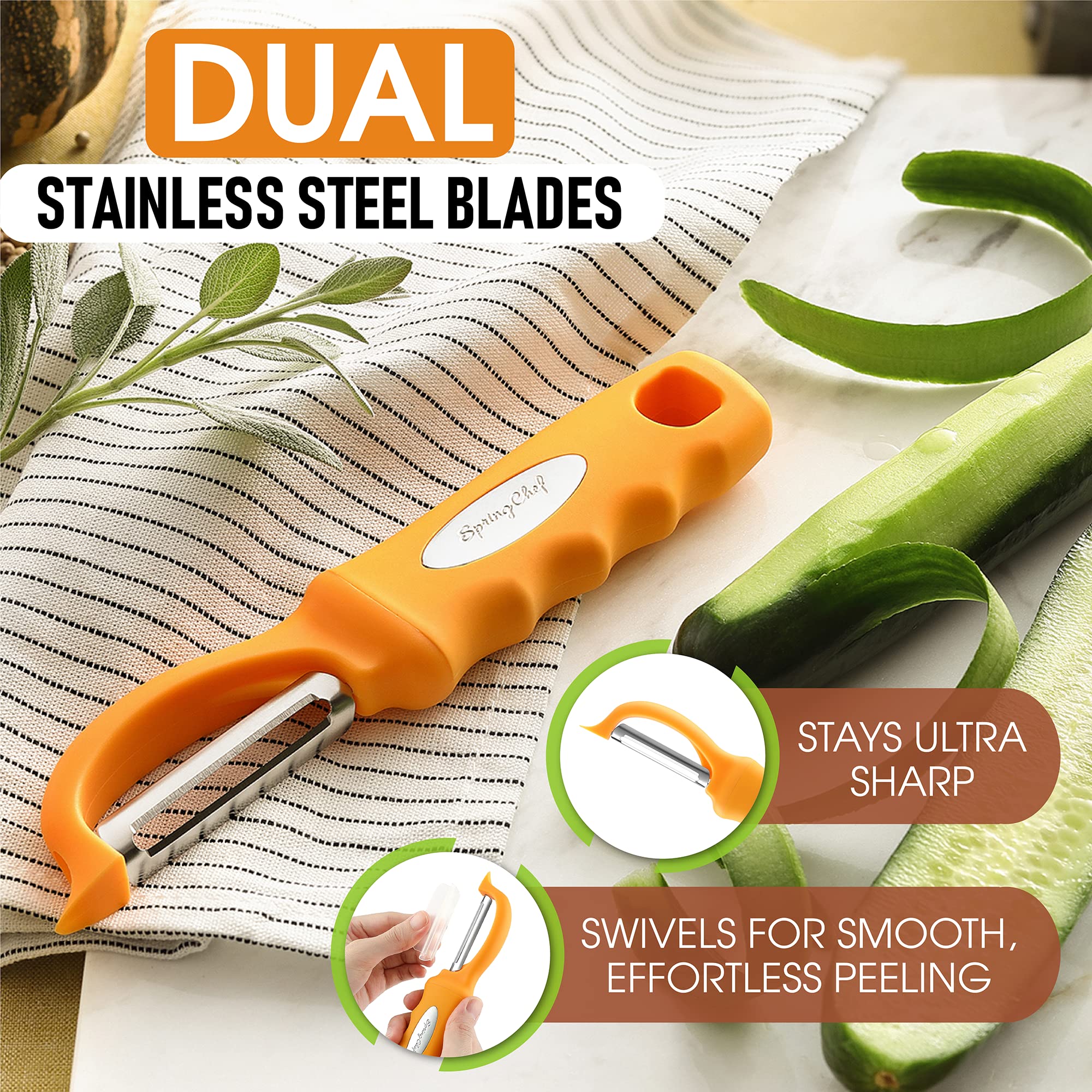 Spring Chef blemish remover built into the peeler for clean prep.