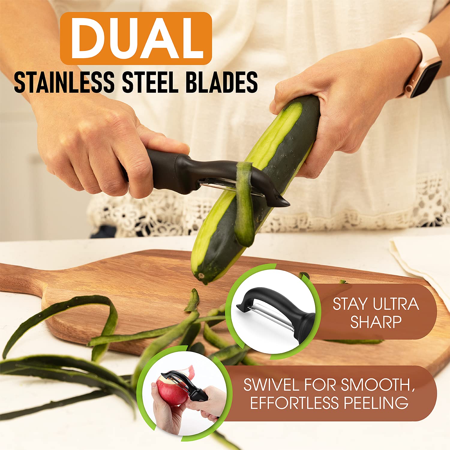 Spring Chef dual stainless blades glide smoothly across fruits and vegetables.