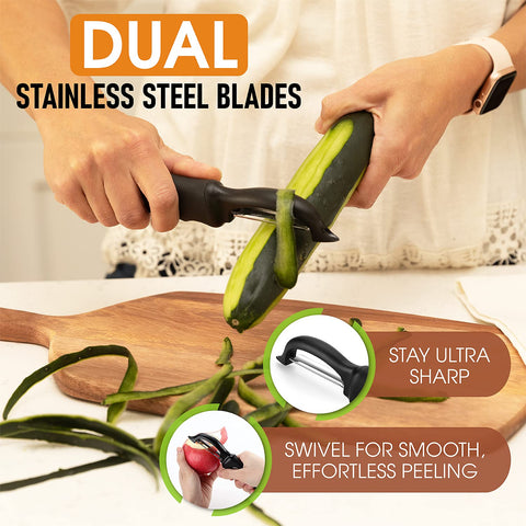 Spring Chef dual stainless blades glide smoothly across fruits and vegetables.