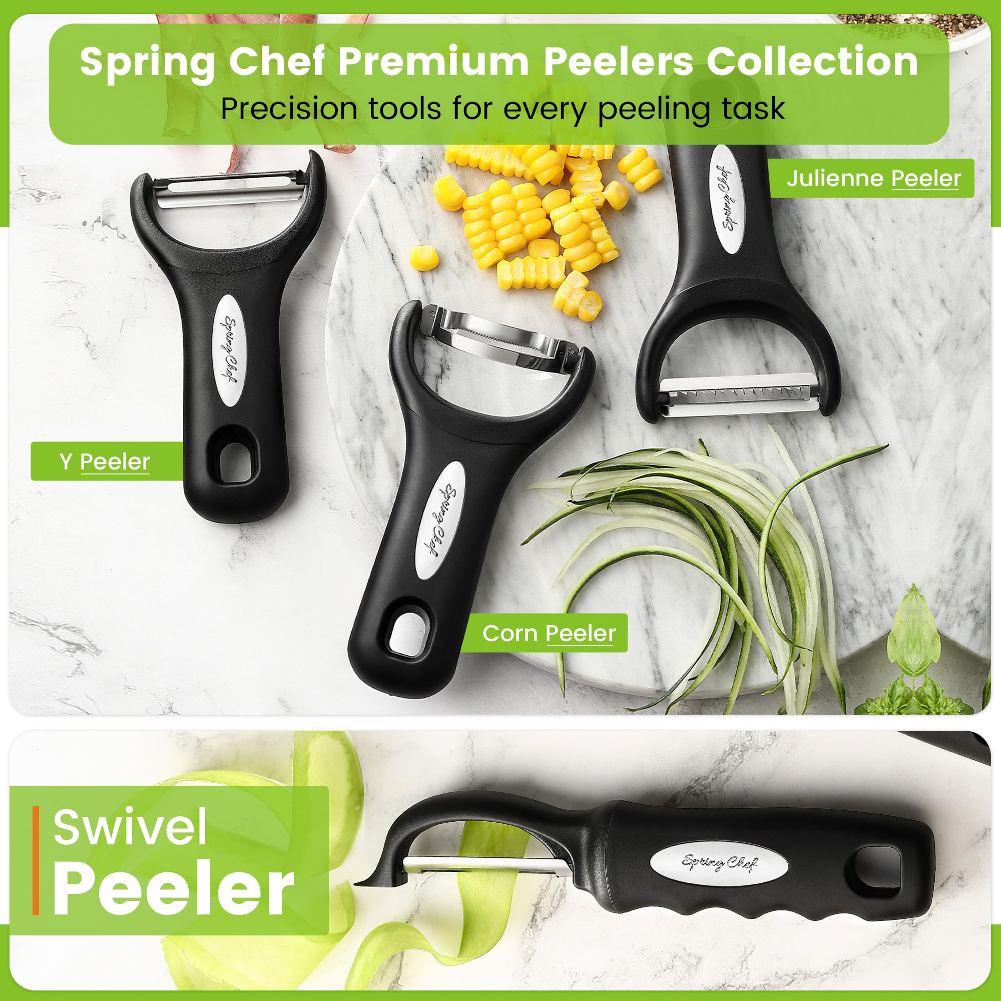 Spring Chef hanging hole feature keeps peeler within reach after use.