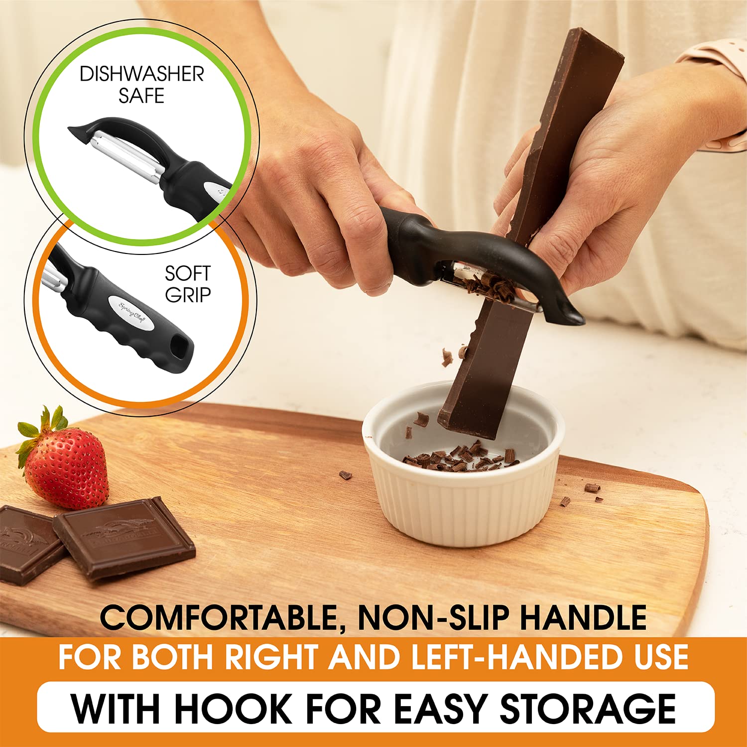 Spring Chef swivel action ensures precise peeling with less waste.