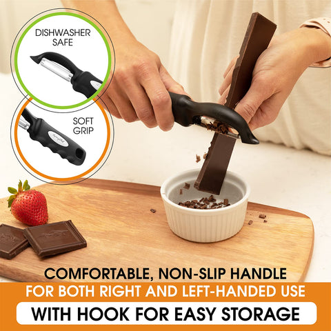 Spring Chef swivel action ensures precise peeling with less waste.