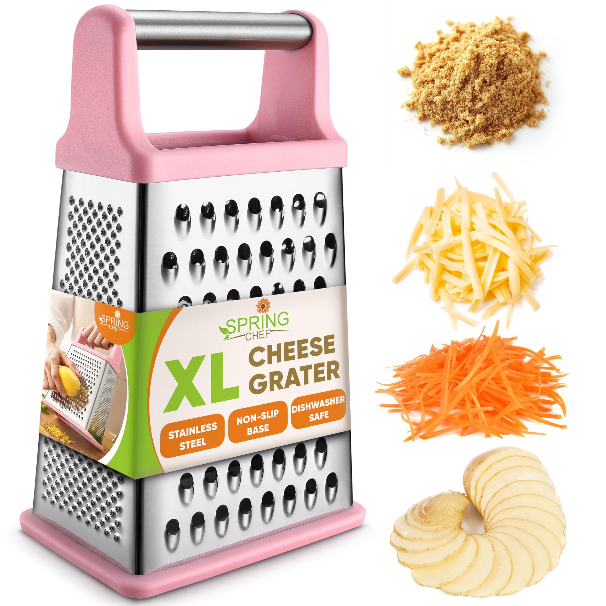 Spring Chef professional stainless steel XL parmesan grater with handle for easy shredding.