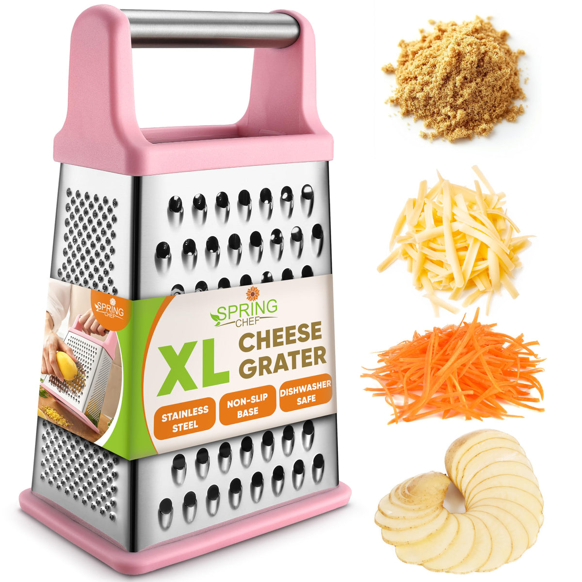 Spring Chef professional stainless steel XL parmesan grater with handle for easy shredding.