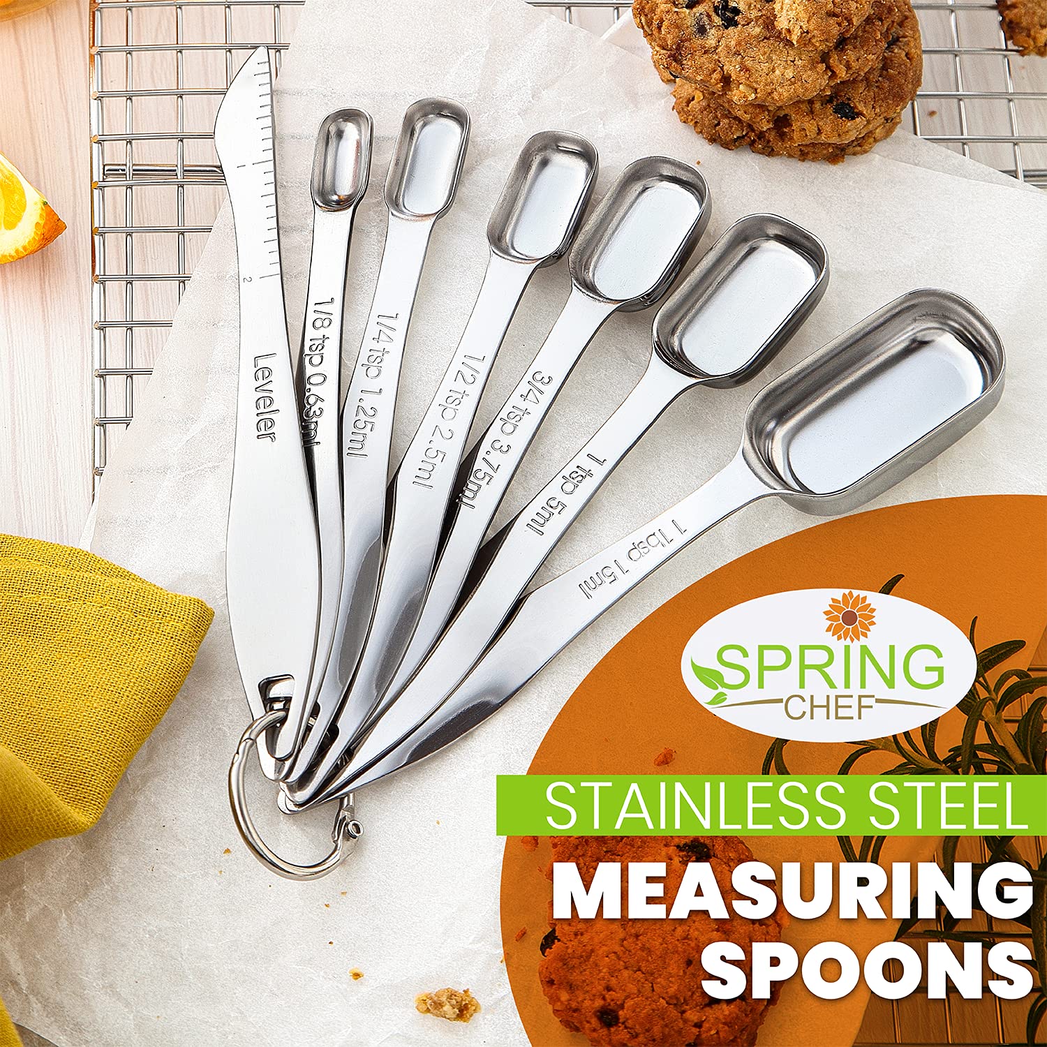 Spring Chef rectangular design measuring spoons fit neatly into spice jars.