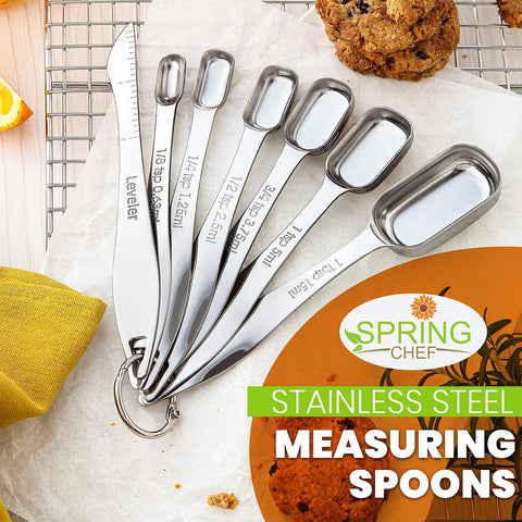 Spring Chef rectangular design measuring spoons fit neatly into spice jars.