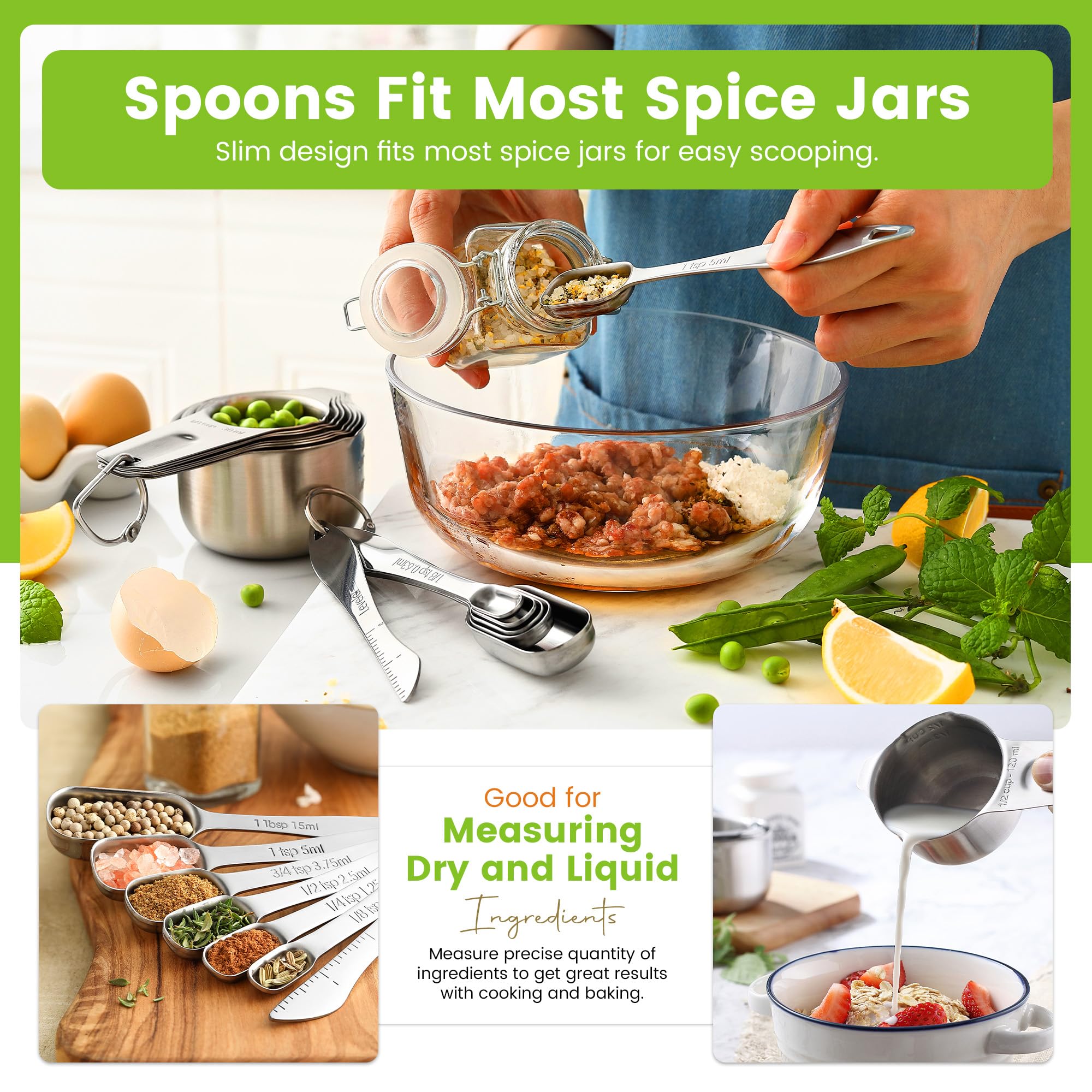 Spring Chef rectangular spoon design fits into spice jars to reduce waste.