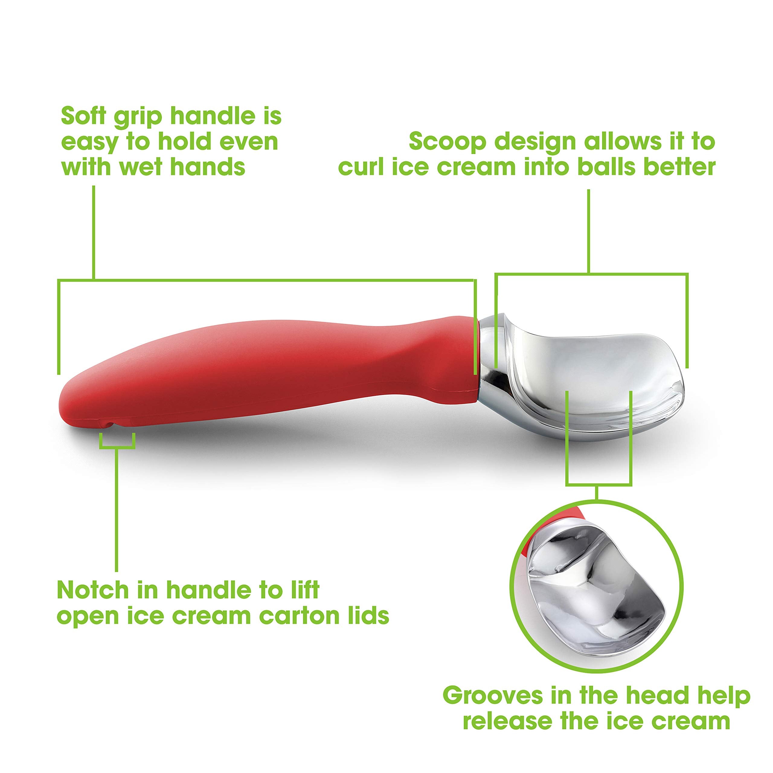 Spring Chef red scoop with non-slip handle provides a comfortable grip