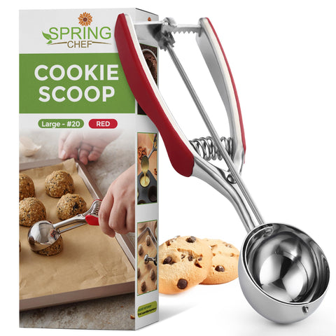 Spring Chef red large cookie scoop pours dough evenly for uniform cookies.