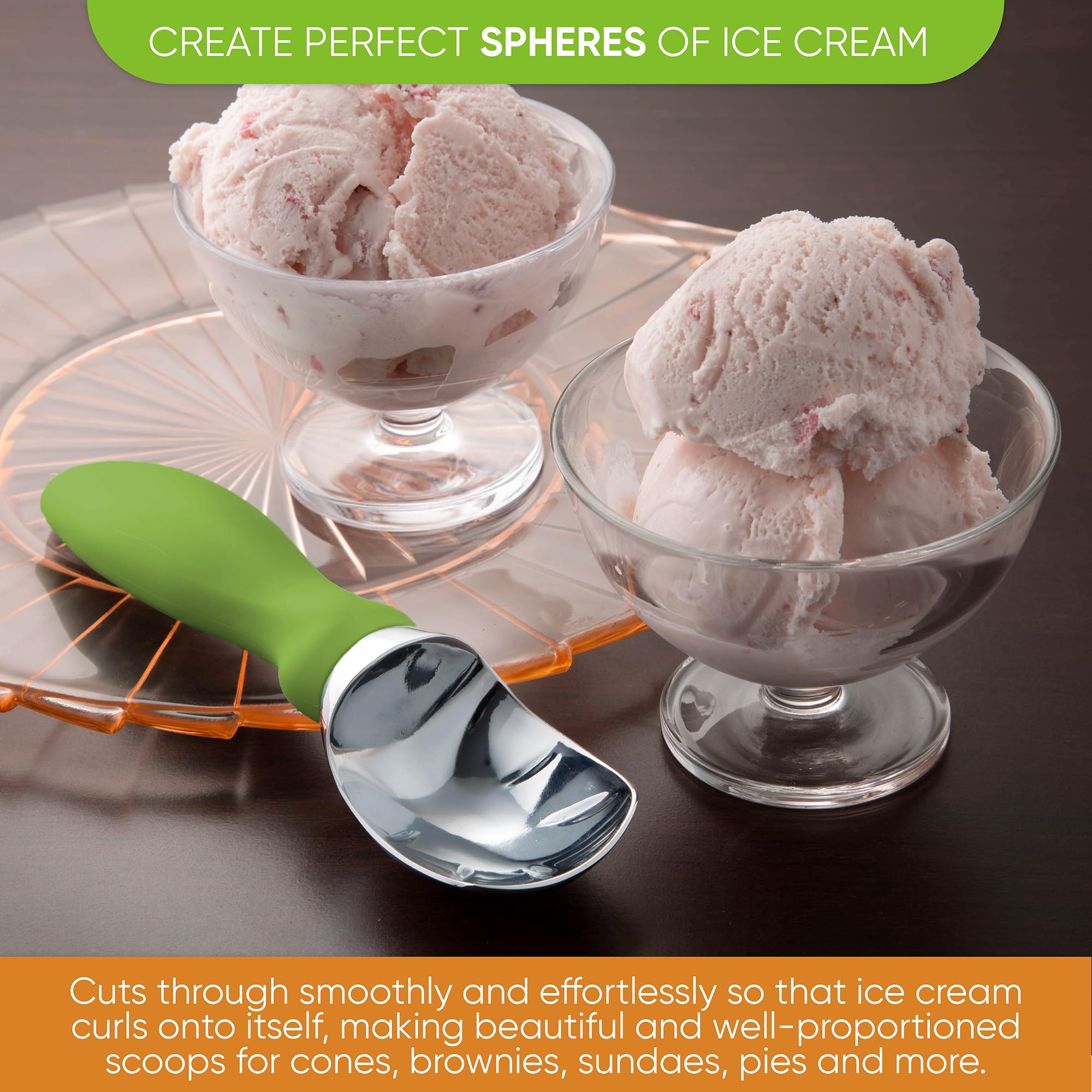 Spring Chef scoop creating perfect ice cream spheres in cone.