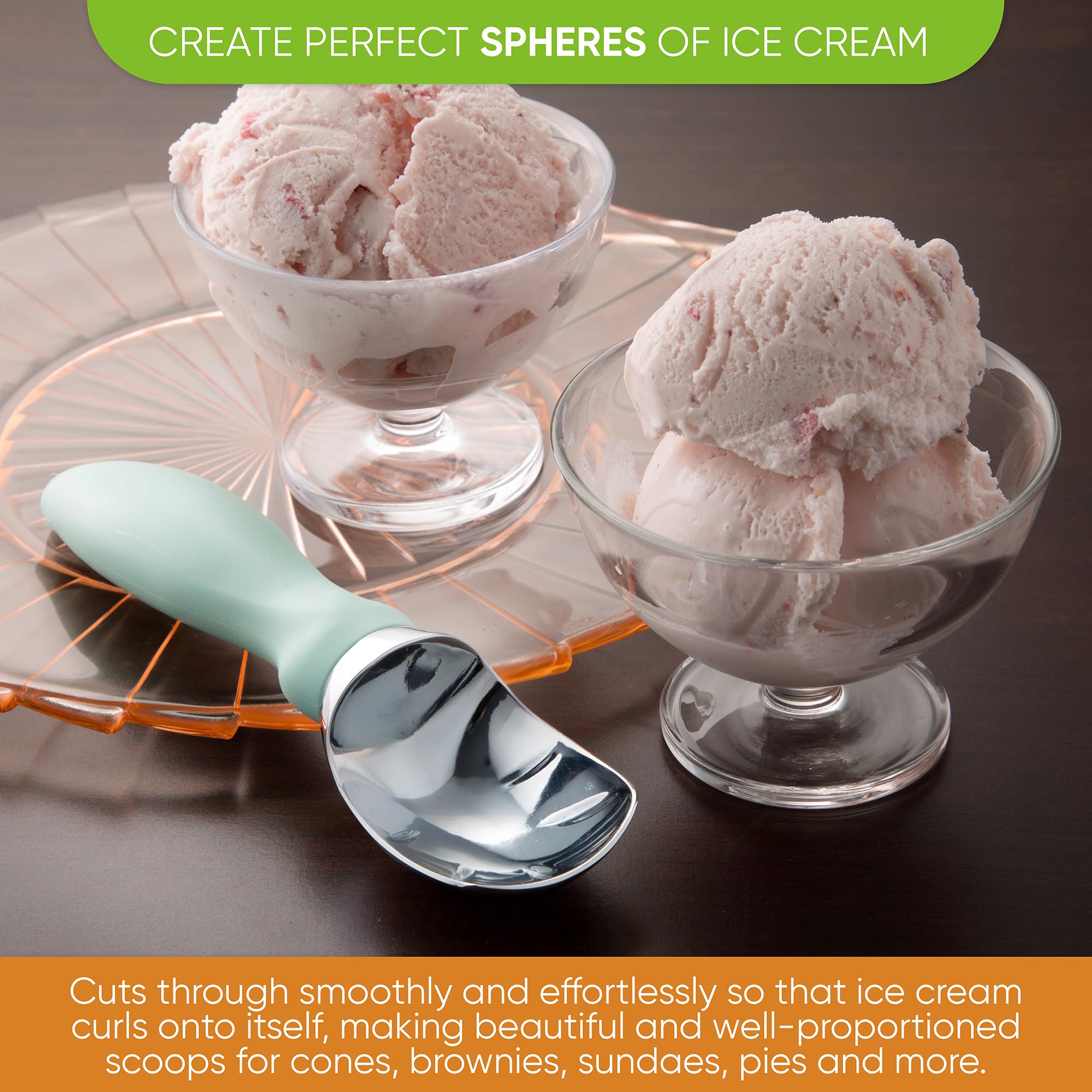 Spring Chef scoop glides through hard ice cream for quick portions.