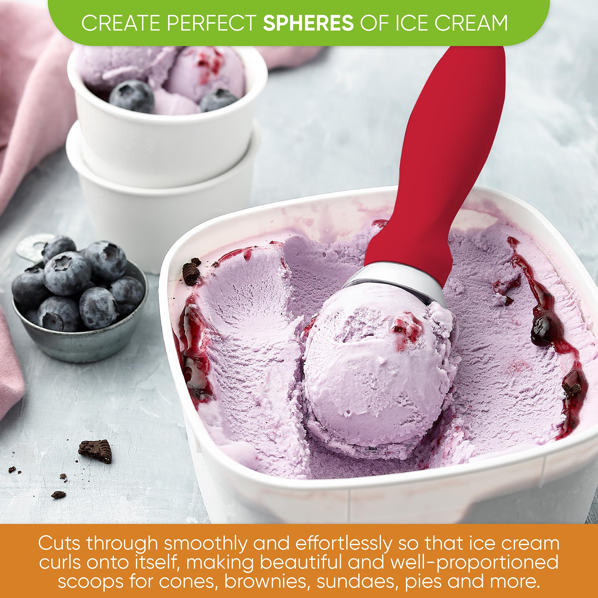 Spring Chef curved scoop design slices through ice cream to form curls