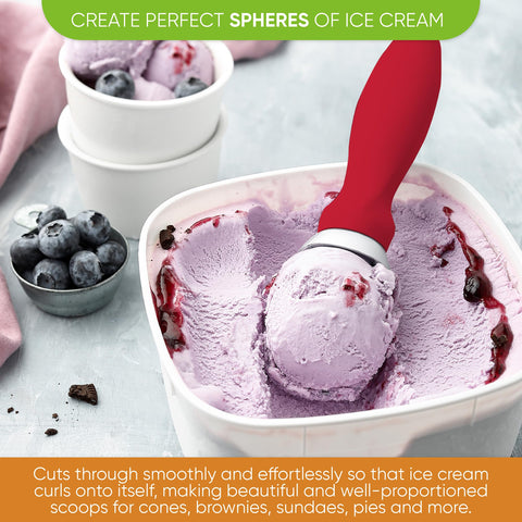 Spring Chef curved scoop design slices through ice cream to form curls
