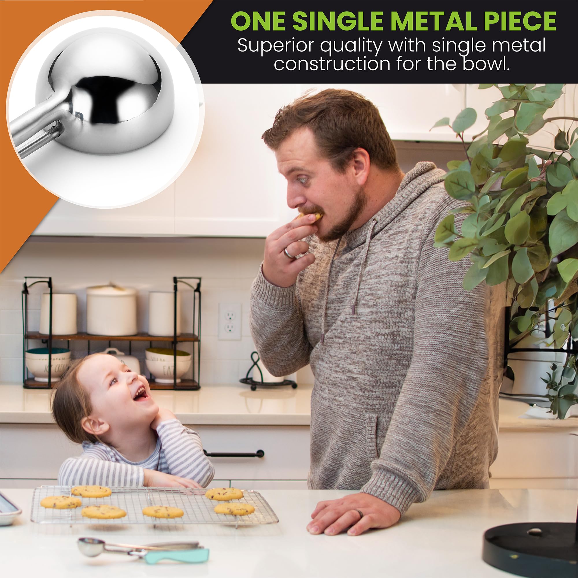 Spring Chef single-piece stainless bowl scoop prevents dough from sticking.