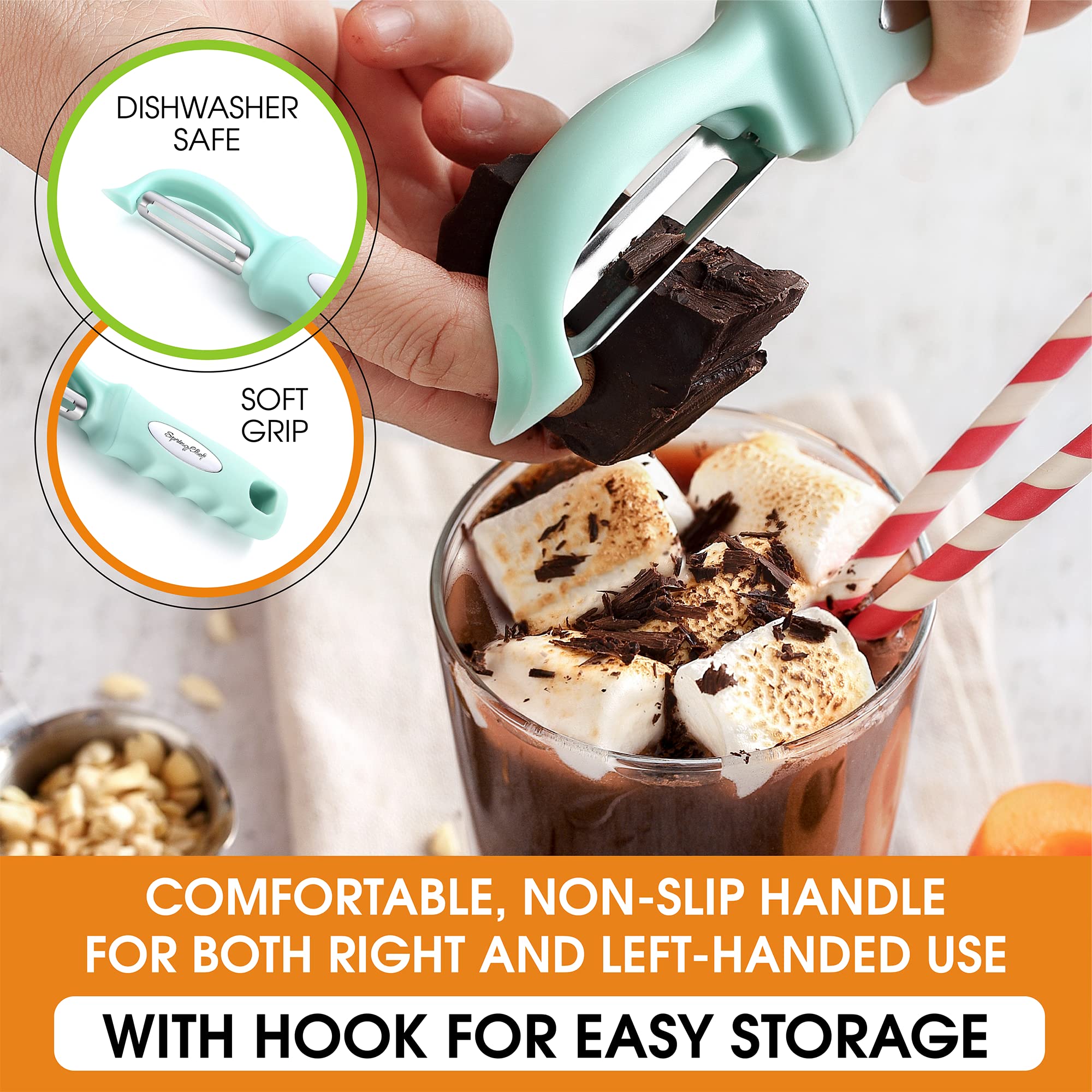 Smooth glide technology keeps peels from clogging during prep with Spring Chef.