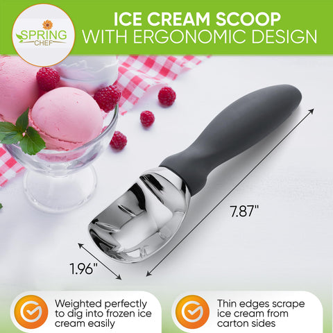 Spring Chef soft grip handle ice cream scoop offers comfortable control.