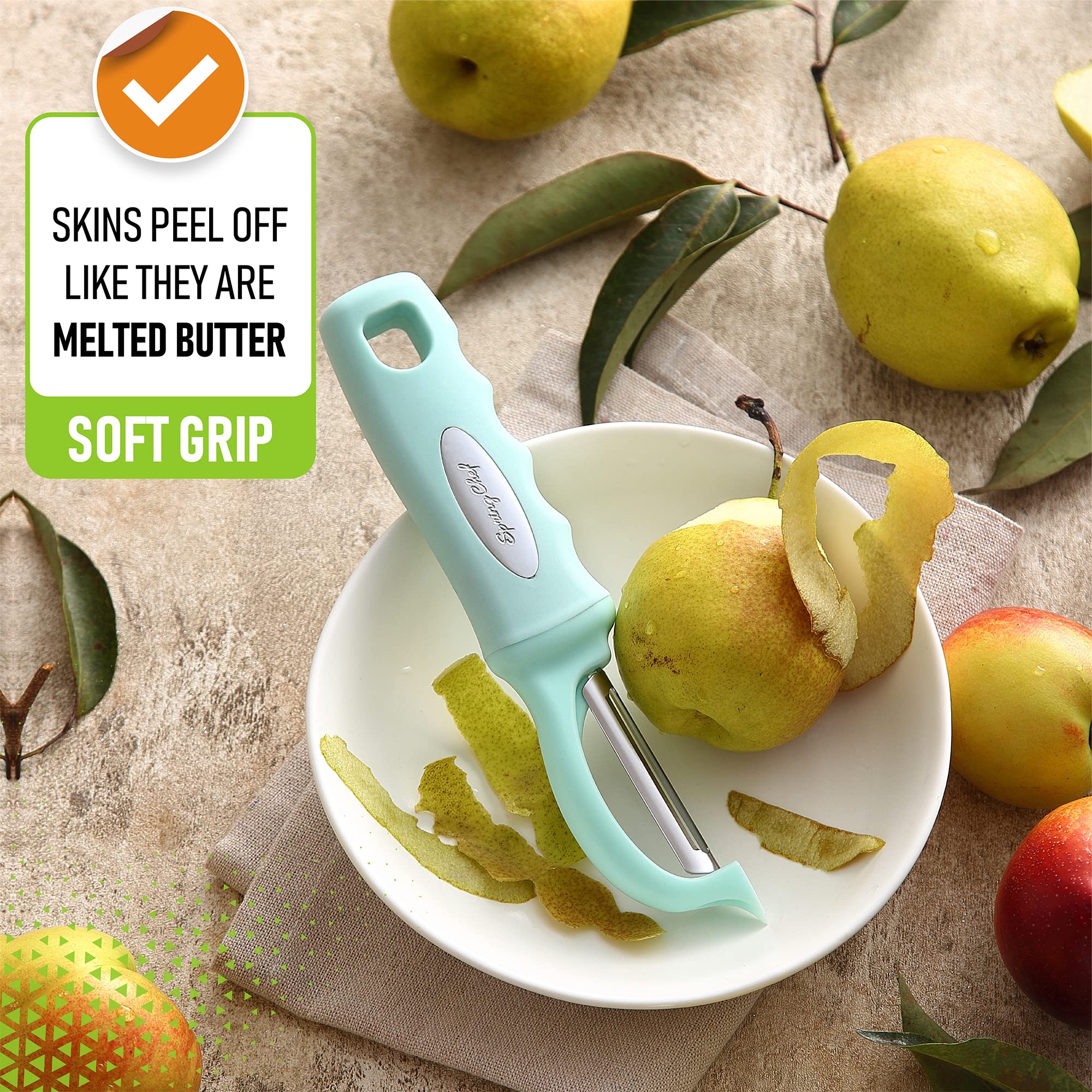 Soft grip handle on the Spring Chef peeler provides comfortable non-slip peeling.