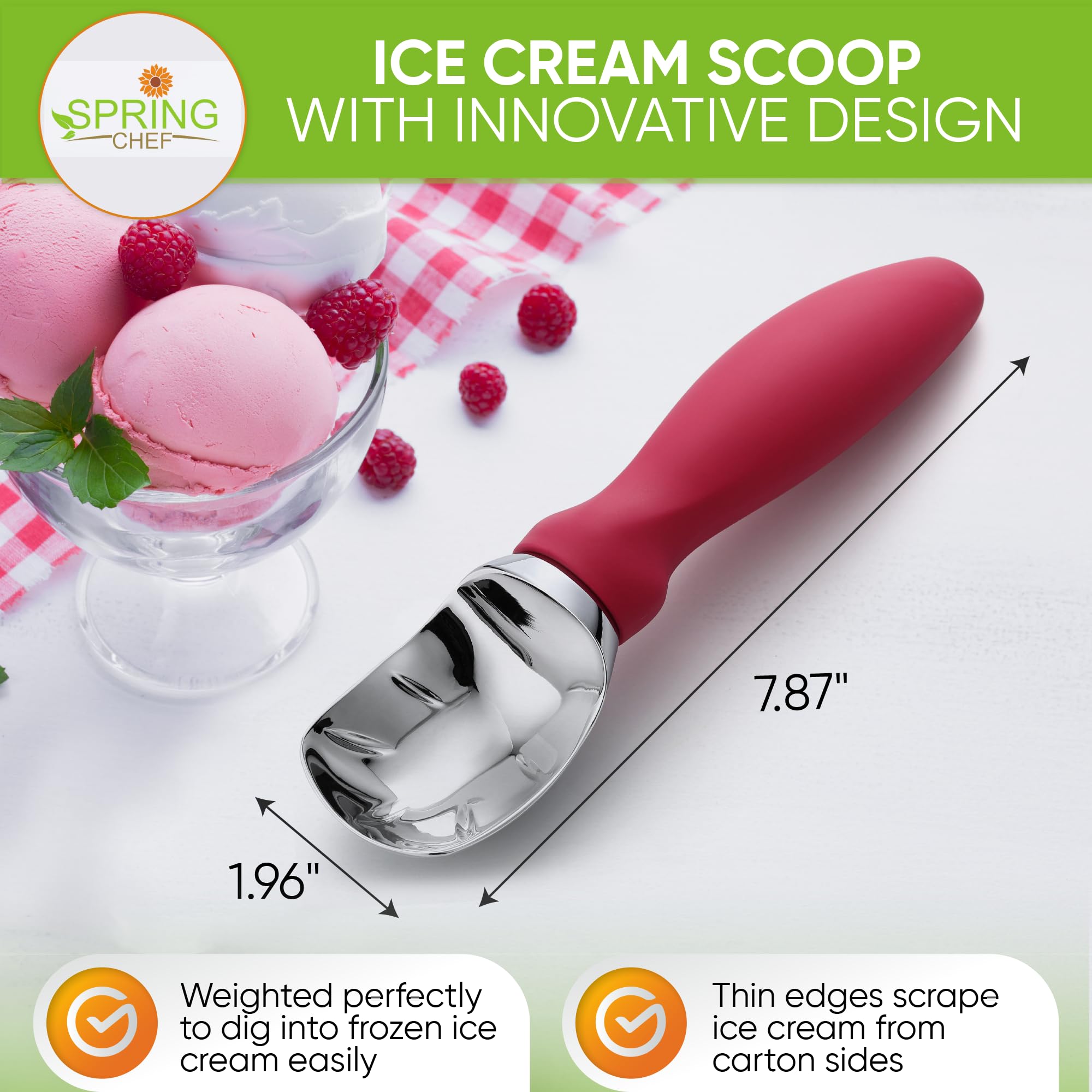 Spring Chef soft grip handle provides comfortable control during scooping.